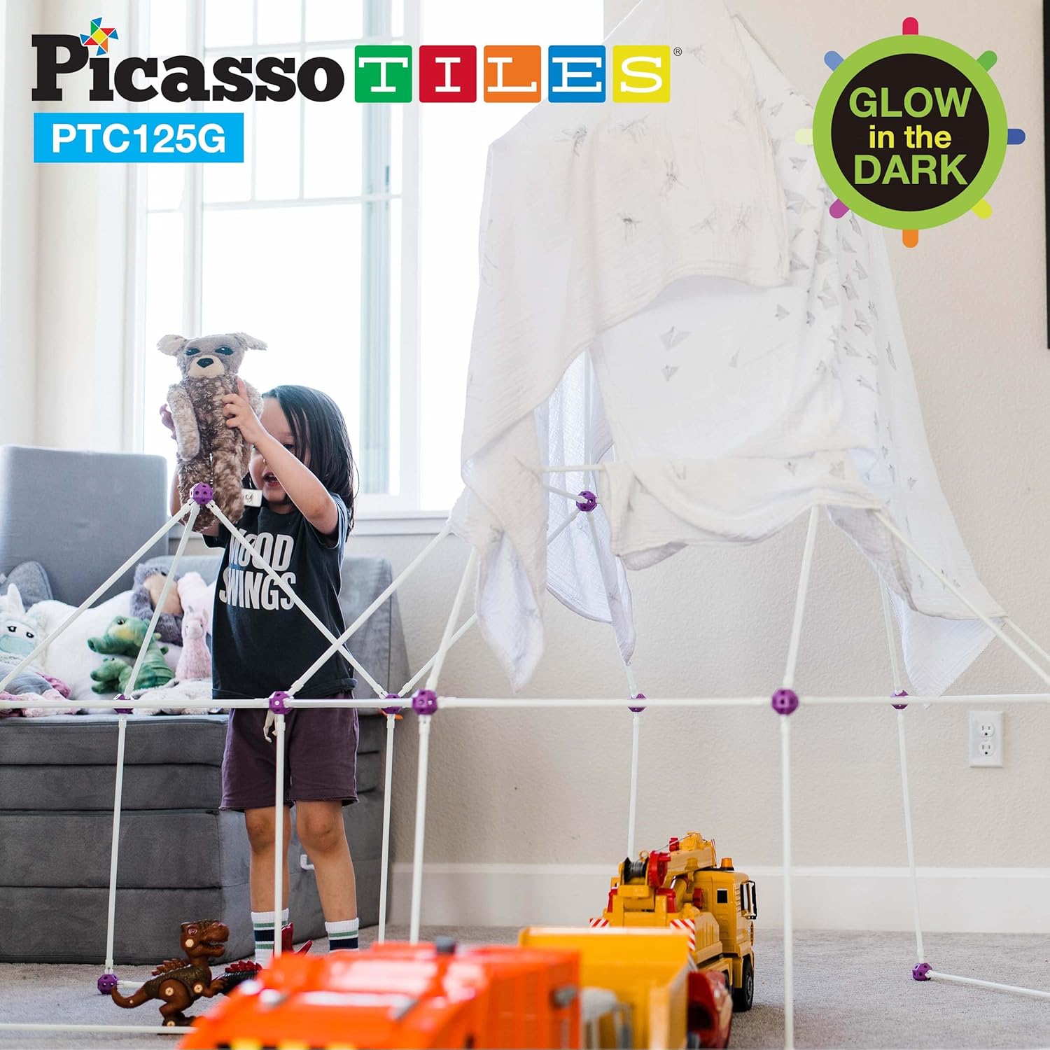 imagePicassoTiles Kids Fort Building Kit Glow In The Dark Playset 125 Piece Indoor Outdoor Toy Set Fort Construction Builders Toys for Boys Girls STEM Learning Castle System Tunnel Tent Rocket Pretend Play