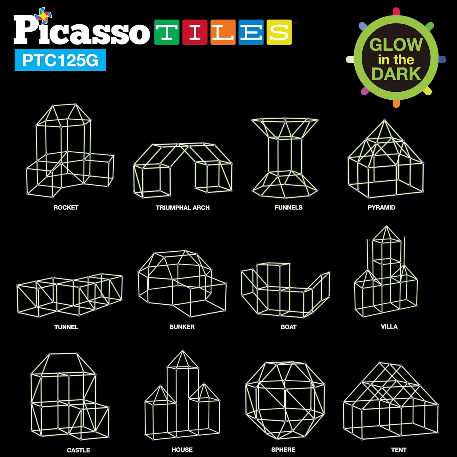 imagePicassoTiles Kids Fort Building Kit Glow In The Dark Playset 125 Piece Indoor Outdoor Toy Set Fort Construction Builders Toys for Boys Girls STEM Learning Castle System Tunnel Tent Rocket Pretend Play