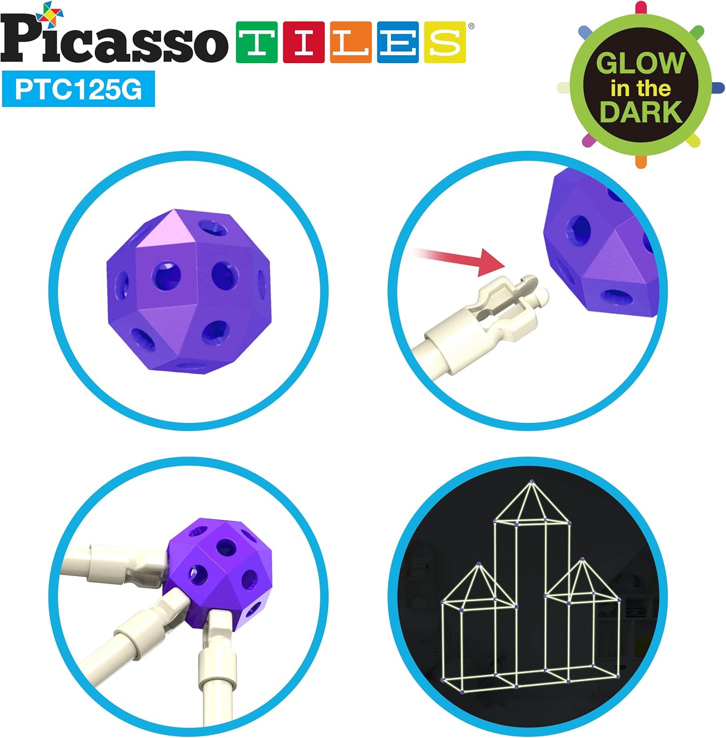 imagePicassoTiles Kids Fort Building Kit Glow In The Dark Playset 125 Piece Indoor Outdoor Toy Set Fort Construction Builders Toys for Boys Girls STEM Learning Castle System Tunnel Tent Rocket Pretend Play