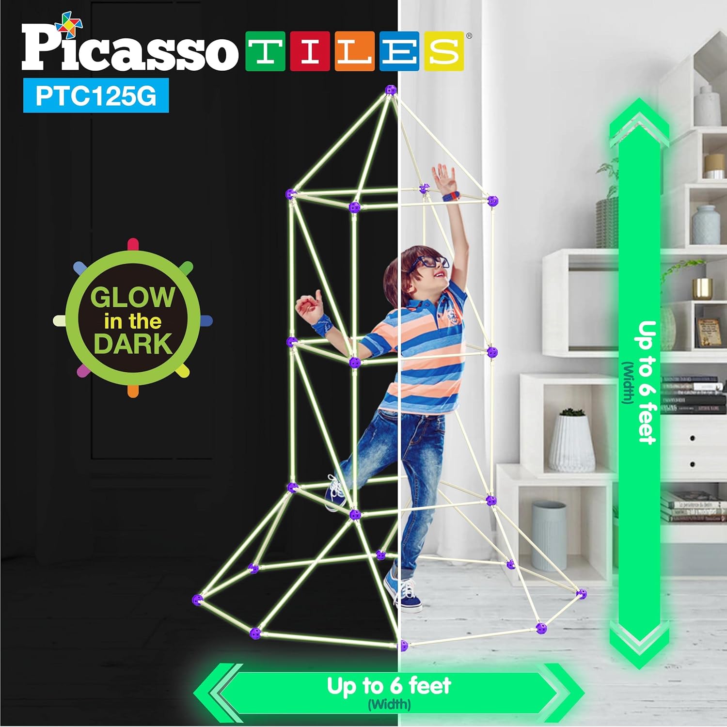 imagePicassoTiles Kids Fort Building Kit Glow In The Dark Playset 125 Piece Indoor Outdoor Toy Set Fort Construction Builders Toys for Boys Girls STEM Learning Castle System Tunnel Tent Rocket Pretend Play