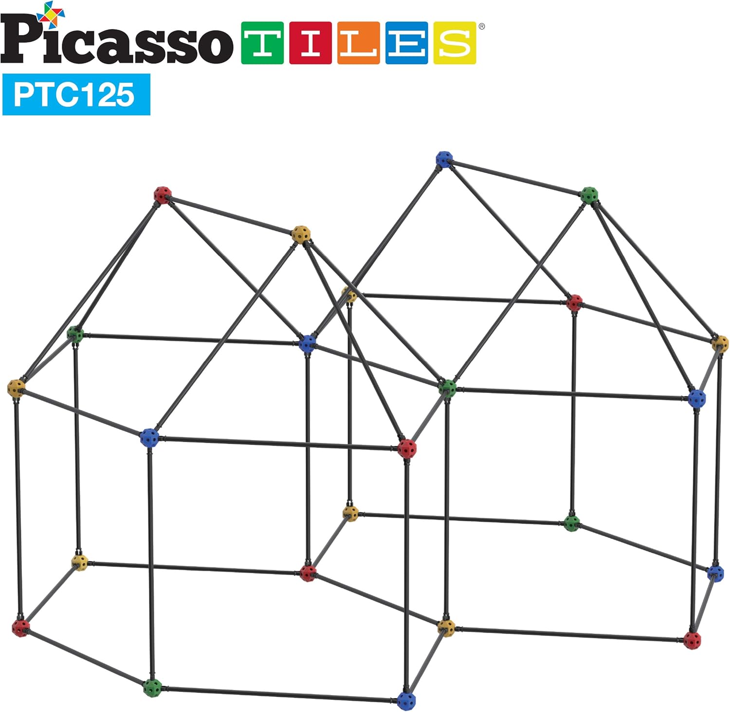 imagePicassoTiles Kids Fort Building Kit Playset 125 Piece Indoor and Outdoor Toy Set Fort Construction Builders Blocks Toys for Kids Boys Girls STEM Learning Castle System Tunnel Tent Rocket Pretend Play