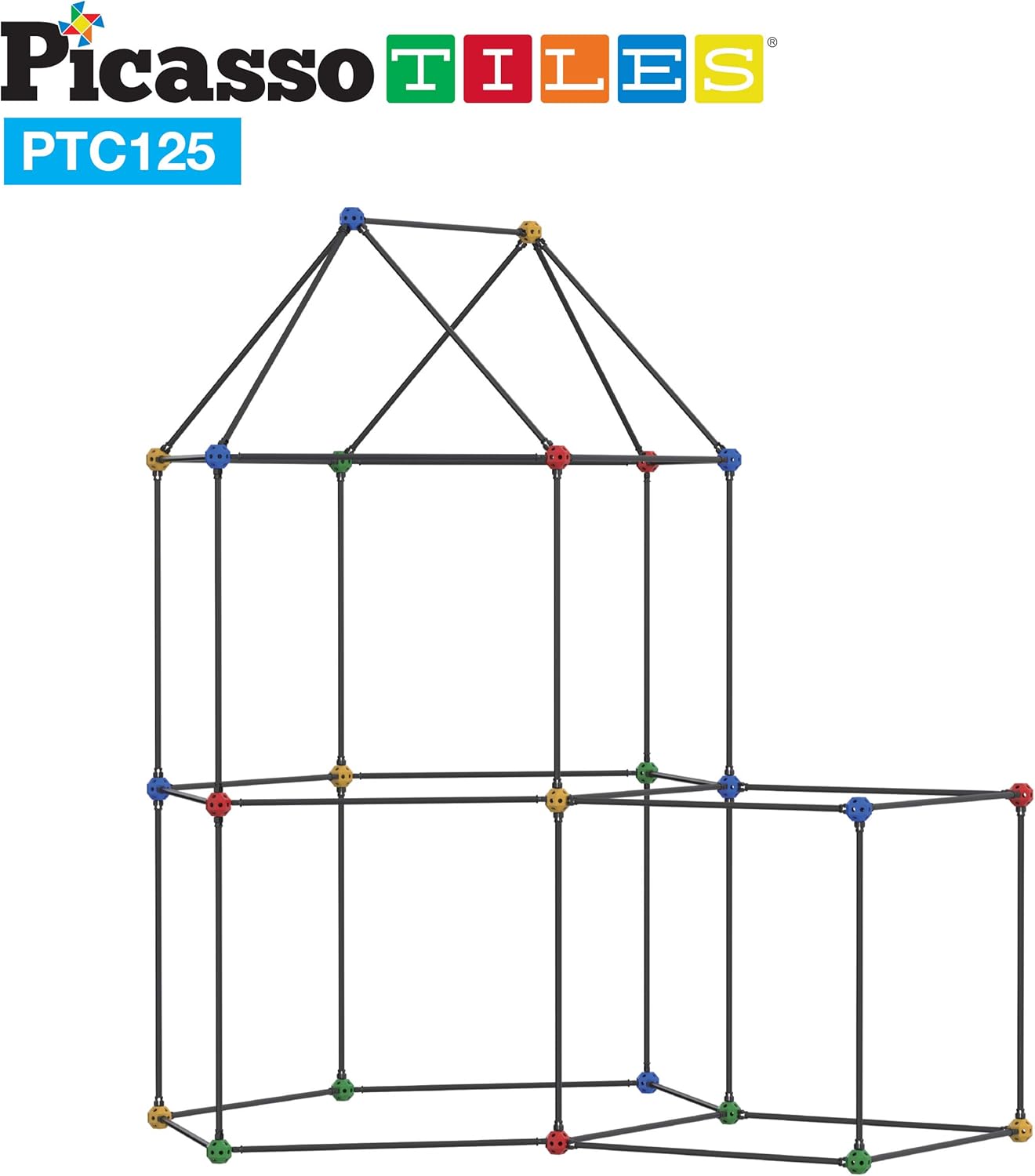 imagePicassoTiles Kids Fort Building Kit Playset 125 Piece Indoor and Outdoor Toy Set Fort Construction Builders Blocks Toys for Kids Boys Girls STEM Learning Castle System Tunnel Tent Rocket Pretend Play