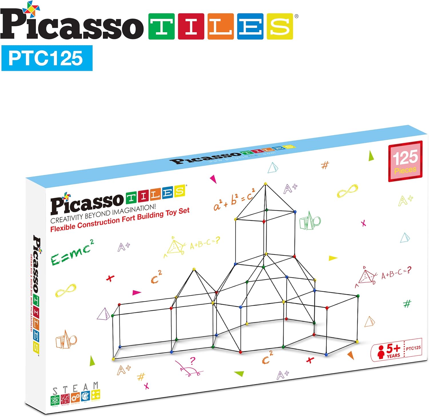 imagePicassoTiles Kids Fort Building Kit Playset 125 Piece Indoor and Outdoor Toy Set Fort Construction Builders Blocks Toys for Kids Boys Girls STEM Learning Castle System Tunnel Tent Rocket Pretend Play