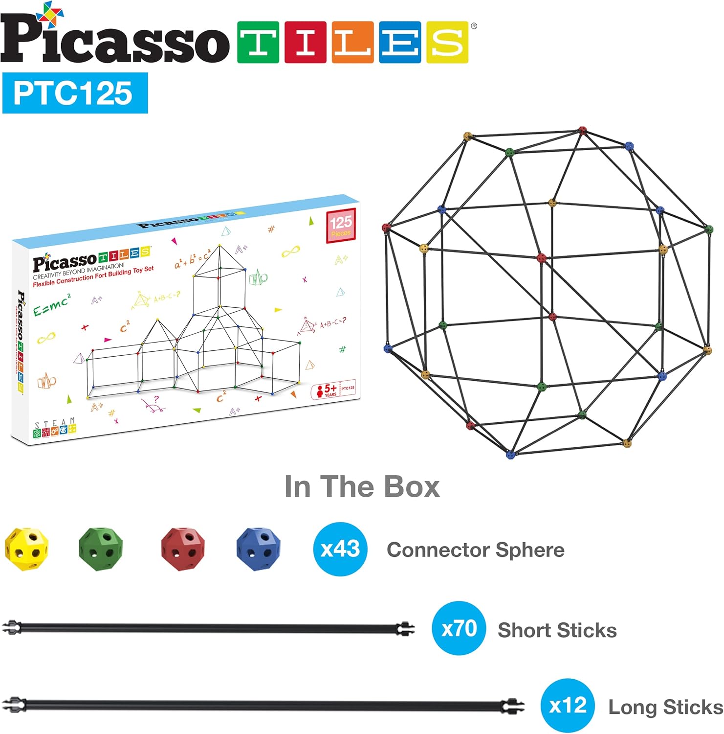 imagePicassoTiles Kids Fort Building Kit Playset 125 Piece Indoor and Outdoor Toy Set Fort Construction Builders Blocks Toys for Kids Boys Girls STEM Learning Castle System Tunnel Tent Rocket Pretend Play