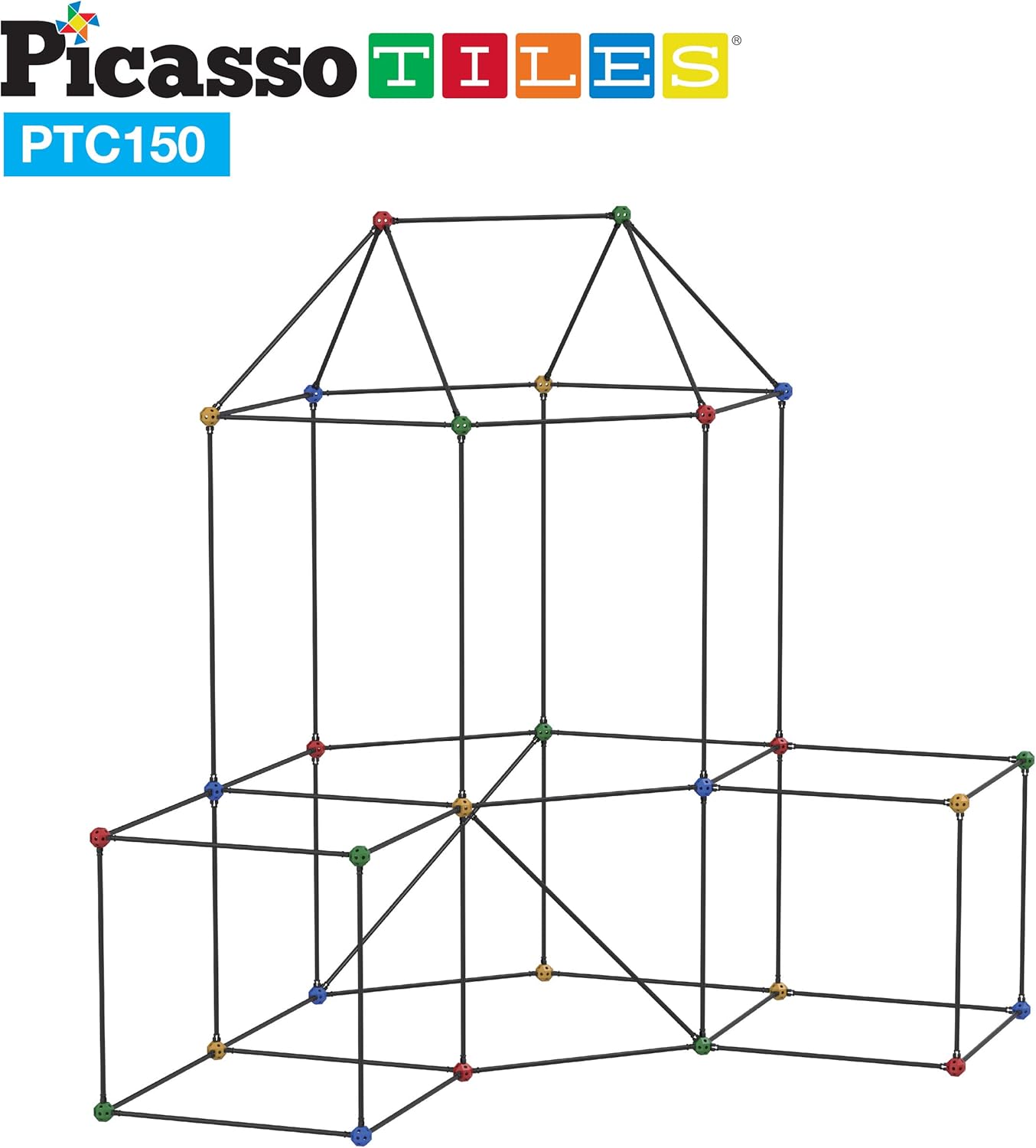 imagePicassoTiles Kids Fort Building Kit Playset 150 Piece Indoor and Outdoor Toy Set Forts Construction Builders Blocks Toys Children Boys Girls STEM Learning Castle System Tunnel Tent Rocket Pretend Play