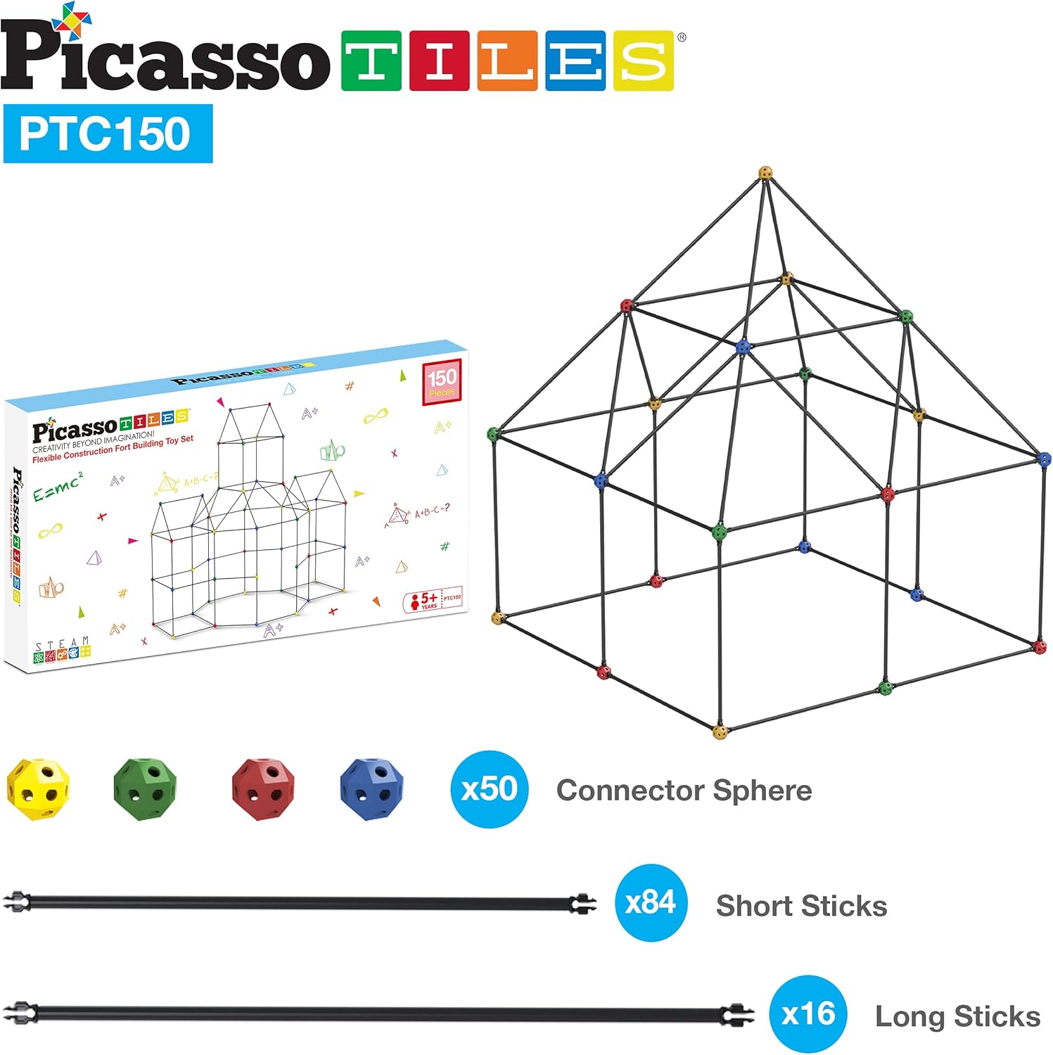 imagePicassoTiles Kids Fort Building Kit Playset 150 Piece Indoor and Outdoor Toy Set Forts Construction Builders Blocks Toys Children Boys Girls STEM Learning Castle System Tunnel Tent Rocket Pretend Play