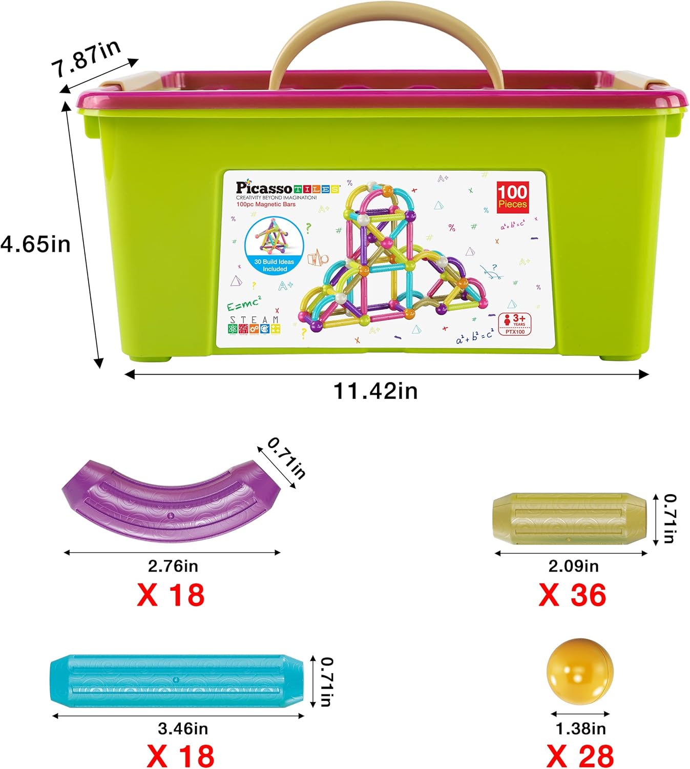 imagePicassoTiles Magnetic Building Stick Block Construction Set with Storage Bin Colorful 3D STEM Toy Blocks Bar Balls ampamp Rods Montessori Educational for All Ages Puzzle Toy for Boys ampamp Girls PTX50PTX100