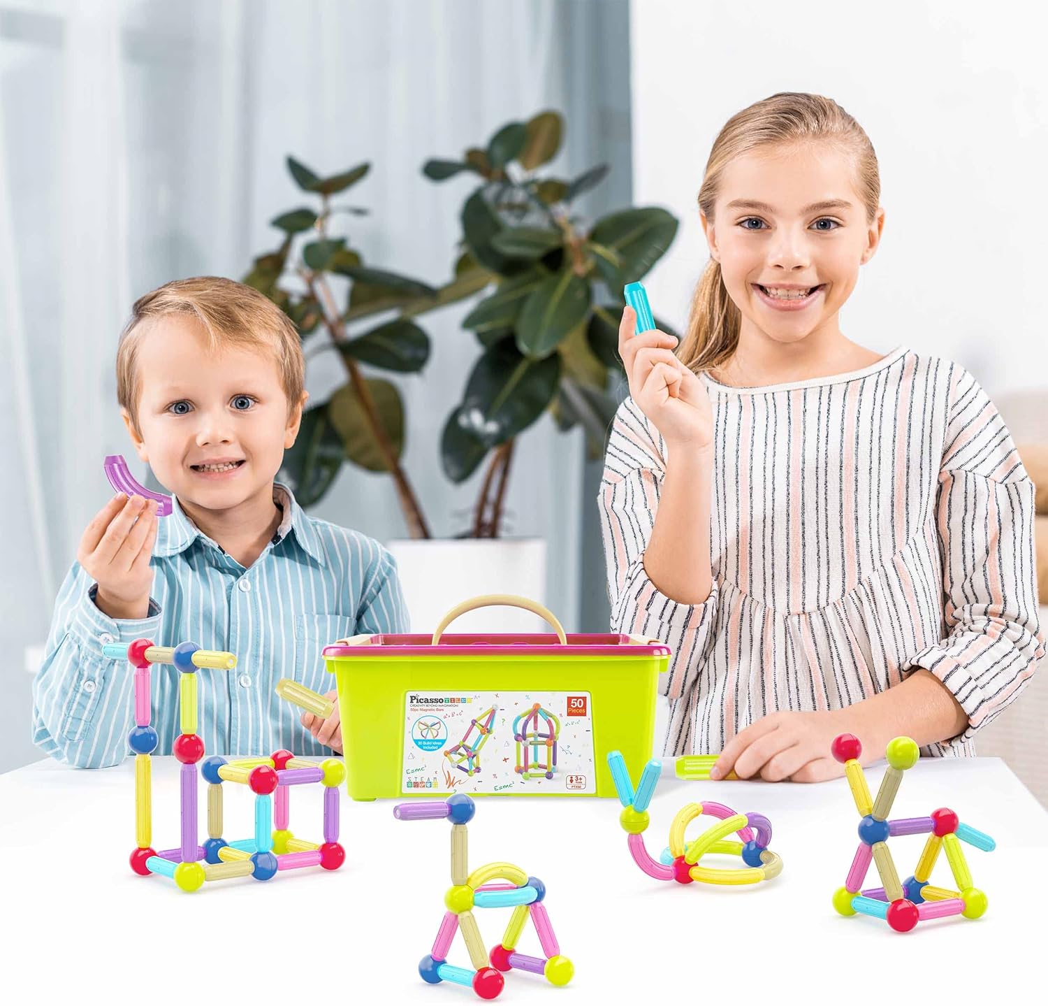imagePicassoTiles Magnetic Building Stick Block Construction Set with Storage Bin Colorful 3D STEM Toy Blocks Bar Balls ampamp Rods Montessori Educational for All Ages Puzzle Toy for Boys ampamp Girls PTX50PTX50