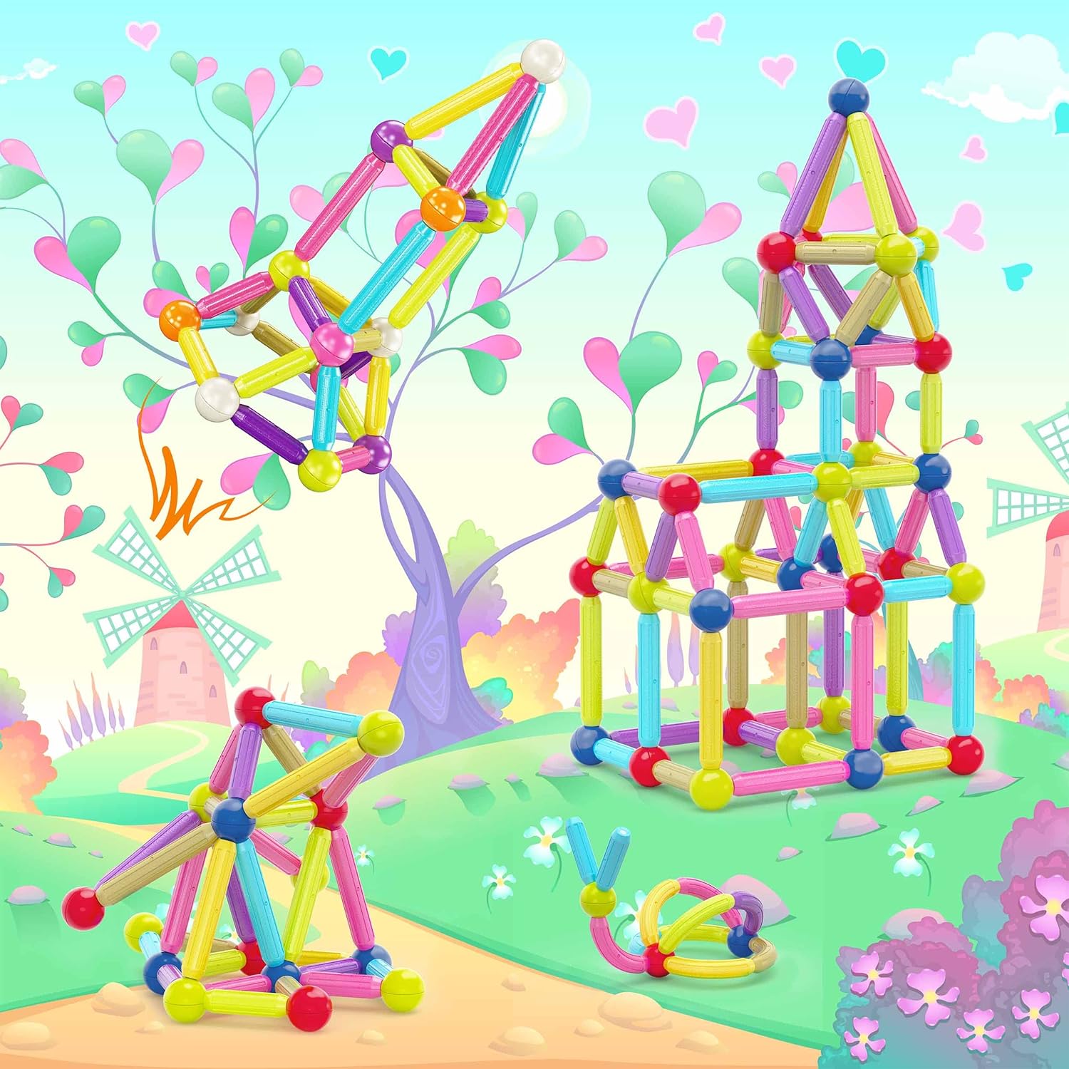 imagePicassoTiles Magnetic Building Stick Block Construction Set with Storage Bin Colorful 3D STEM Toy Blocks Bar Balls ampamp Rods Montessori Educational for All Ages Puzzle Toy for Boys ampamp Girls PTX50PTX50