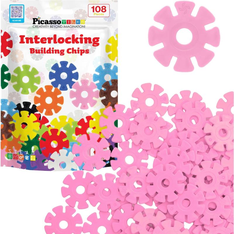 imagePicassoTiles Building Chip Interlocking Disc Construction Blocks in Green Color STEM Learning Early Education Toy Engineering Playset Child Brain Development for Toddlers Girls Boys Kids Age 3 PTF108Pink Color