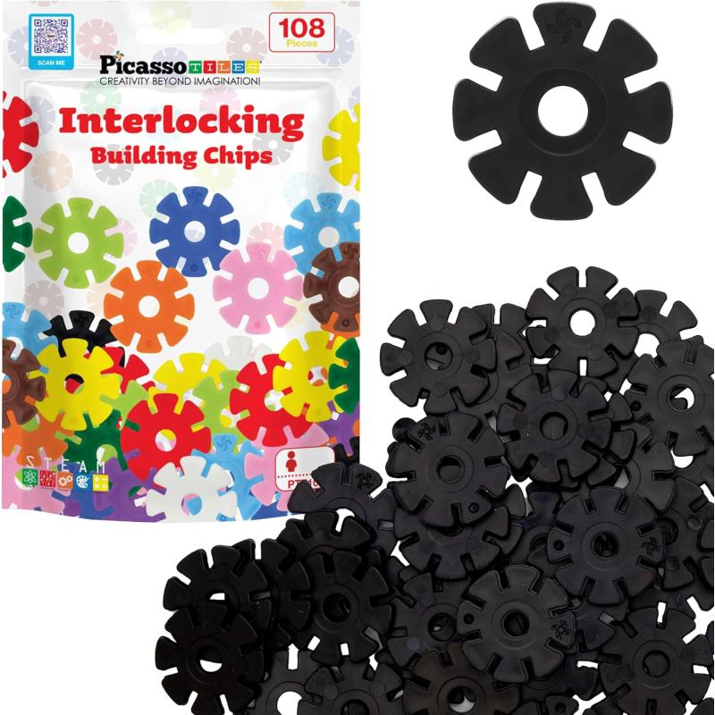 imagePicassoTiles Building Chip Interlocking Disc Construction Blocks in Green Color STEM Learning Early Education Toy Engineering Playset Child Brain Development for Toddlers Girls Boys Kids Age 3 PTF108Black Color