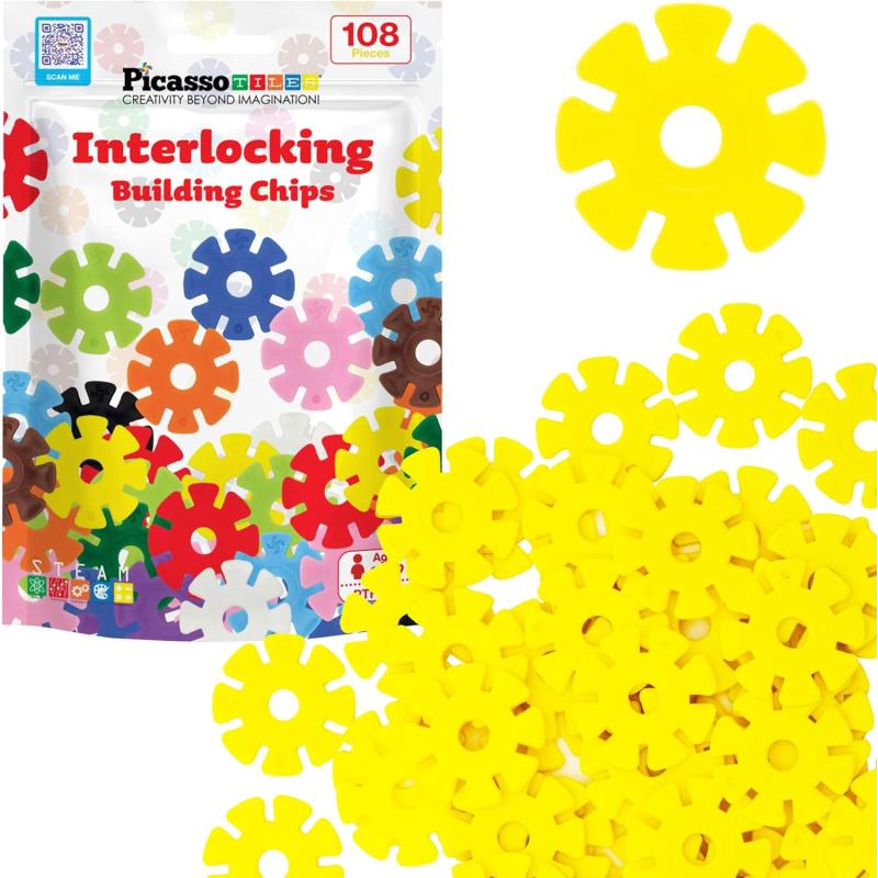 imagePicassoTiles Building Chip Interlocking Disc Construction Blocks in Green Color STEM Learning Early Education Toy Engineering Playset Child Brain Development for Toddlers Girls Boys Kids Age 3 PTF108Yellow Color