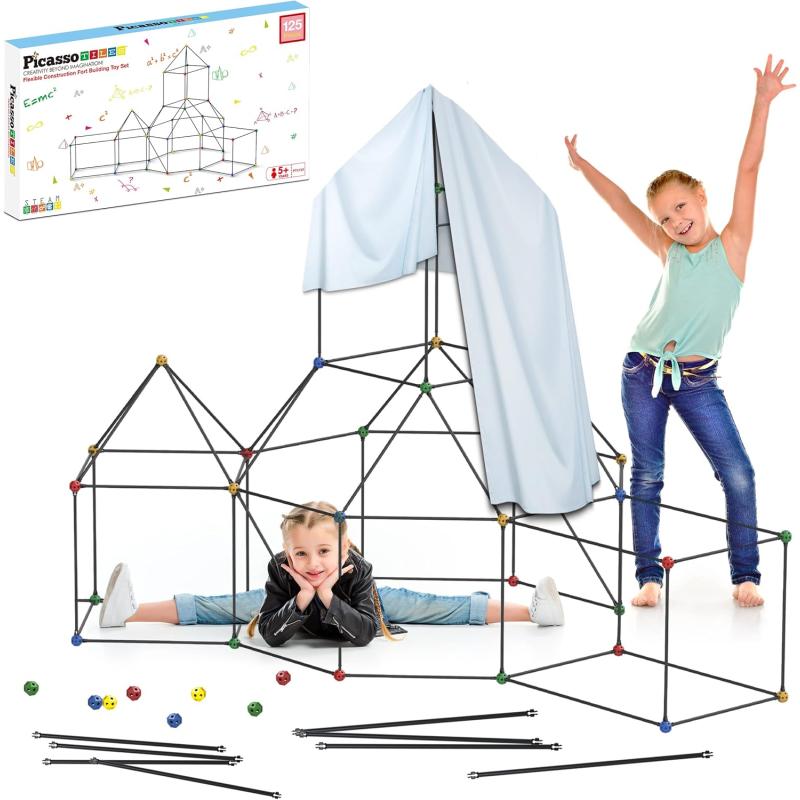 imagePicassoTiles Kids Fort Building Kit Playset 125 Piece Indoor and Outdoor Toy Set Fort Construction Builders Blocks Toys for Kids Boys Girls STEM Learning Castle System Tunnel Tent Rocket Pretend Play