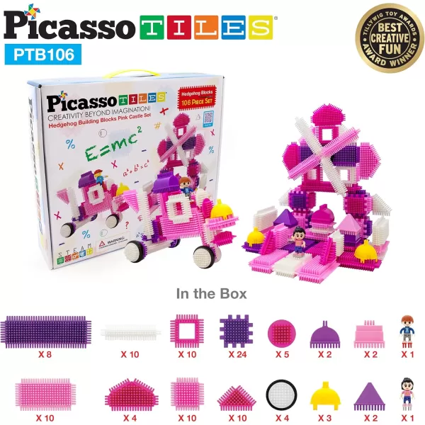 imagePicasso Toys PTB106 106pcs Hedgehog Block Building Blocks Tiles Pink Castle Theme Set wHuman Figures Learning Playset STEM Toy Set Educational Kit Child Brain Development Preschool Kindergarten Toy