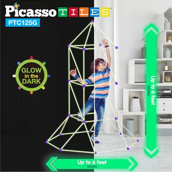 imagePicassoTiles Kids Fort Building Kit Glow In The Dark Playset 125 Piece Indoor Outdoor Toy Set Fort Construction Builders Toys for Boys Girls STEM Learning Castle System Tunnel Tent Rocket Pretend Play