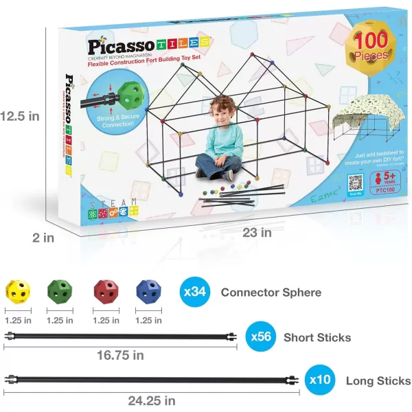 imagePicassoTiles Kids Fort Building Kit Playset 100 Piece Indoor and Outdoor Toy Set Fort Construction Builders Blocks Toys for Kids Boys Girls STEM Learning Castle System Tunnel Tent Rocket Pretend Play