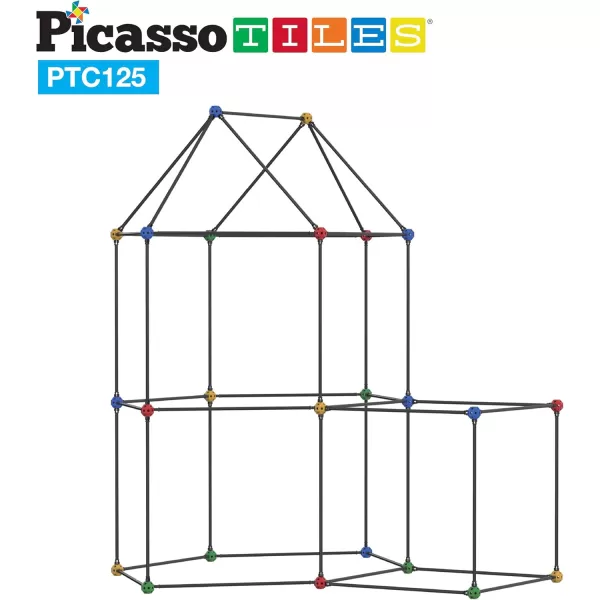 imagePicassoTiles Kids Fort Building Kit Playset 125 Piece Indoor and Outdoor Toy Set Fort Construction Builders Blocks Toys for Kids Boys Girls STEM Learning Castle System Tunnel Tent Rocket Pretend Play