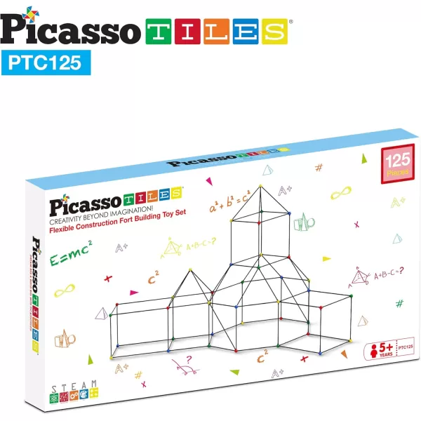 imagePicassoTiles Kids Fort Building Kit Playset 125 Piece Indoor and Outdoor Toy Set Fort Construction Builders Blocks Toys for Kids Boys Girls STEM Learning Castle System Tunnel Tent Rocket Pretend Play