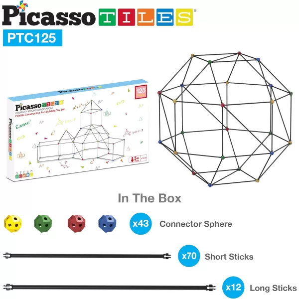 imagePicassoTiles Kids Fort Building Kit Playset 125 Piece Indoor and Outdoor Toy Set Fort Construction Builders Blocks Toys for Kids Boys Girls STEM Learning Castle System Tunnel Tent Rocket Pretend Play