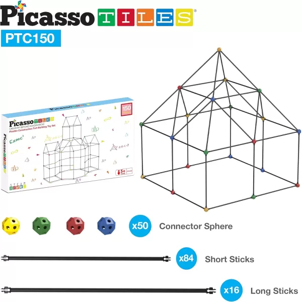imagePicassoTiles Kids Fort Building Kit Playset 150 Piece Indoor and Outdoor Toy Set Forts Construction Builders Blocks Toys Children Boys Girls STEM Learning Castle System Tunnel Tent Rocket Pretend Play