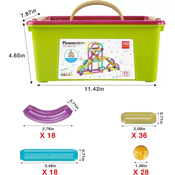 imagePicassoTiles Magnetic Building Stick Block Construction Set with Storage Bin Colorful 3D STEM Toy Blocks Bar Balls ampamp Rods Montessori Educational for All Ages Puzzle Toy for Boys ampamp Girls PTX50PTX100