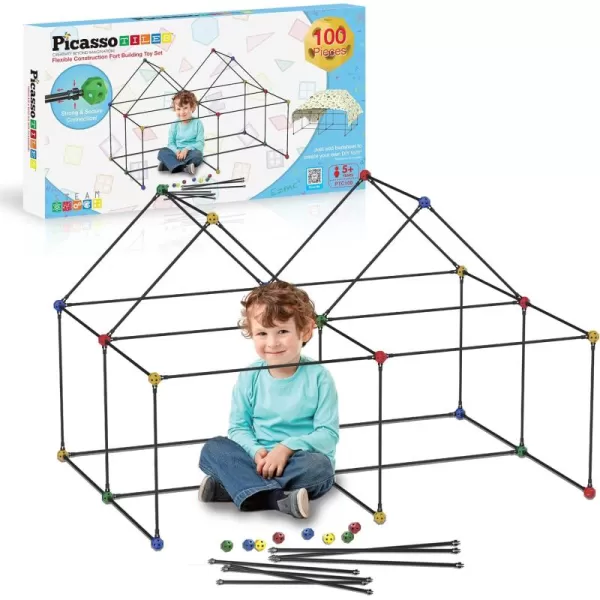 imagePicassoTiles Kids Fort Building Kit Playset 100 Piece Indoor and Outdoor Toy Set Fort Construction Builders Blocks Toys for Kids Boys Girls STEM Learning Castle System Tunnel Tent Rocket Pretend Play