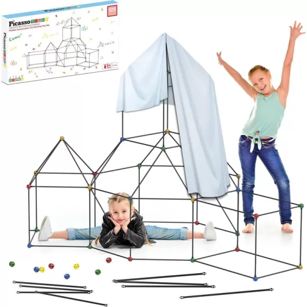 imagePicassoTiles Kids Fort Building Kit Playset 125 Piece Indoor and Outdoor Toy Set Fort Construction Builders Blocks Toys for Kids Boys Girls STEM Learning Castle System Tunnel Tent Rocket Pretend Play