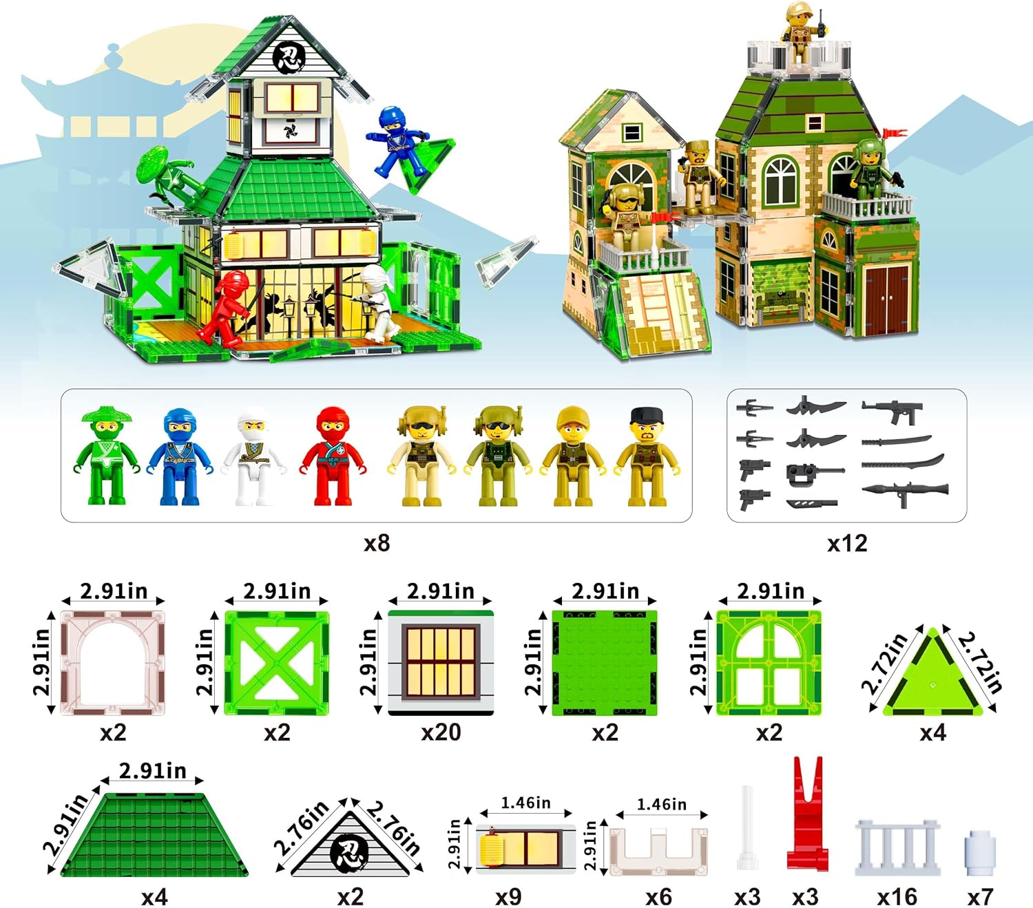 imagePicassoTiles 102pc Magnet Tile Building Block Ninja ampamp Troop Theme Double Sided Printings 2in1 with 8 Character Figures Magnetic Tiles Construction Playset Fine Motor Skill STEM Educational Age3 PTQ02