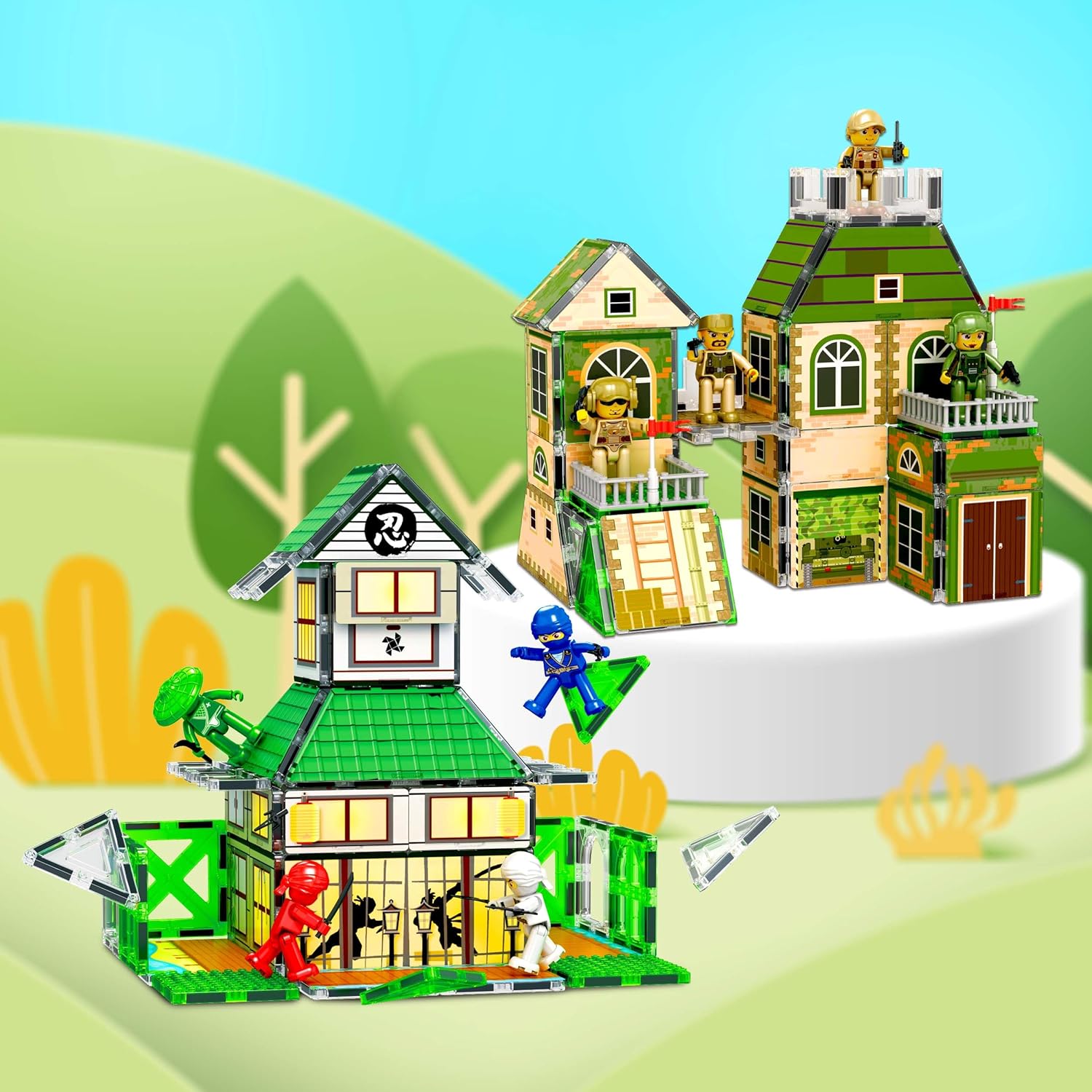 imagePicassoTiles 102pc Magnet Tile Building Block Ninja ampamp Troop Theme Double Sided Printings 2in1 with 8 Character Figures Magnetic Tiles Construction Playset Fine Motor Skill STEM Educational Age3 PTQ02