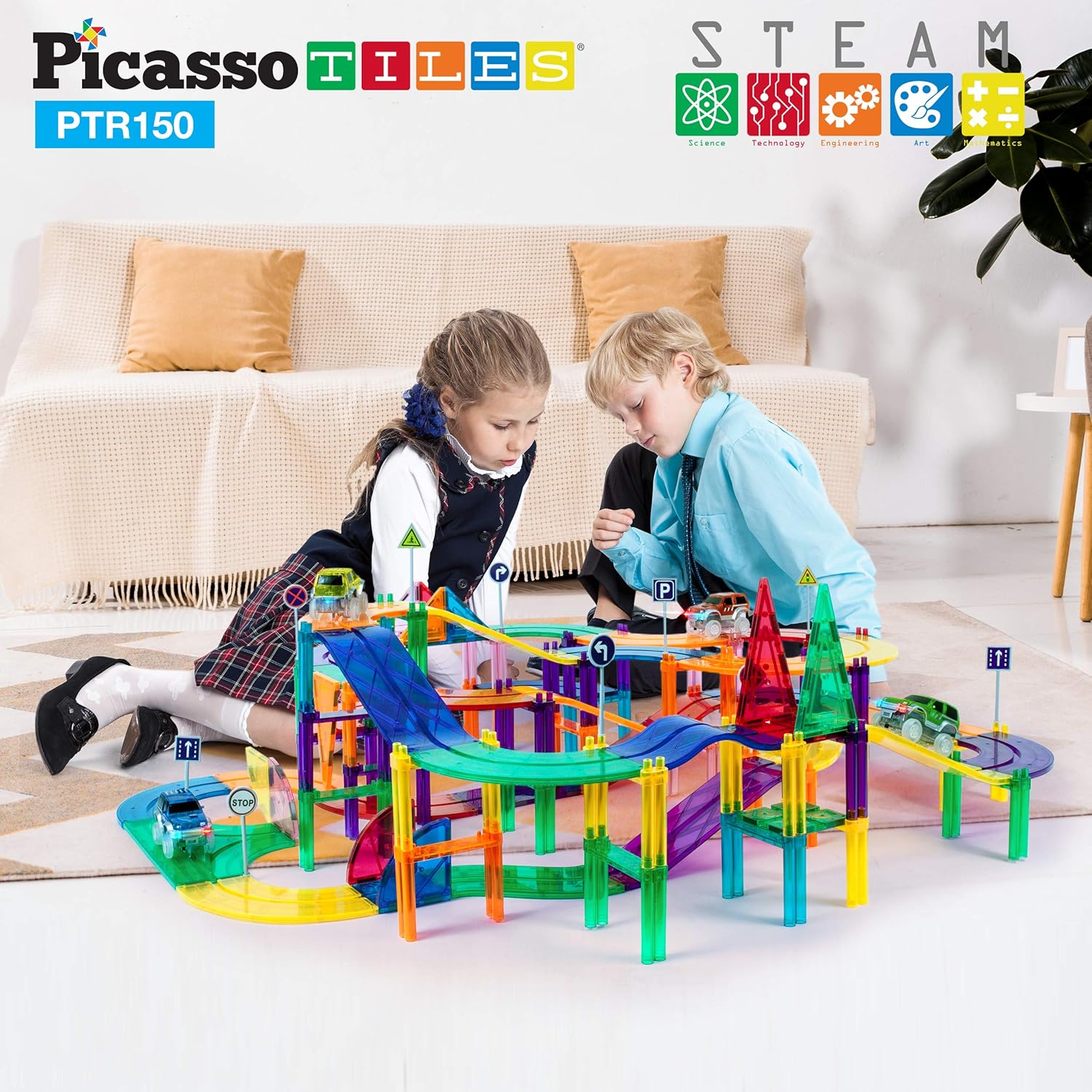 imagePicassoTiles 150 Piece Race Car Track Building Block Educational Toy Set Magnet Tile Magnetic Blocks Playset 4 Cars Early STEM Learning Construction Kit HandEye Fine Motor Skill Brain Training PTR150150 Piece Race Car