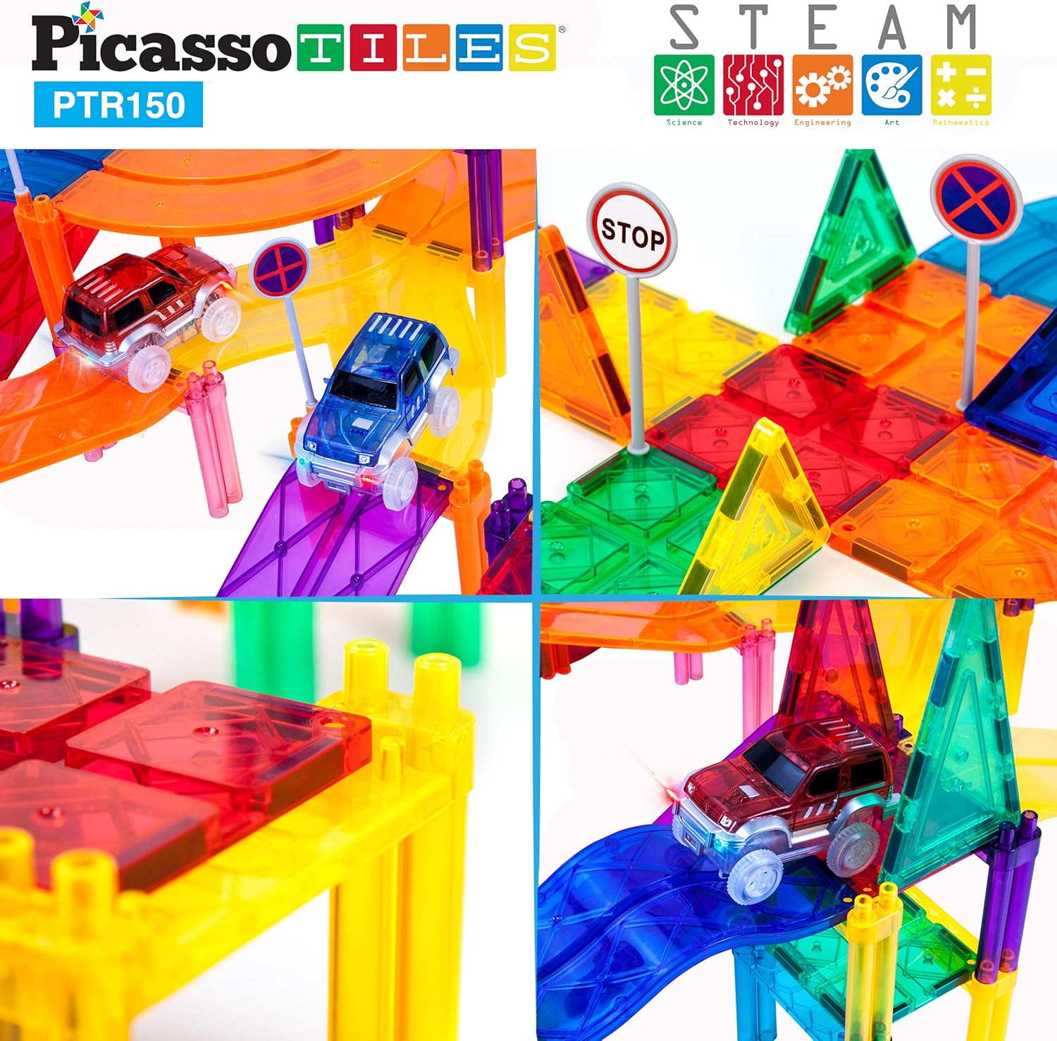 imagePicassoTiles 150 Piece Race Car Track Building Block Educational Toy Set Magnet Tile Magnetic Blocks Playset 4 Cars Early STEM Learning Construction Kit HandEye Fine Motor Skill Brain Training PTR150150 Piece Race Car