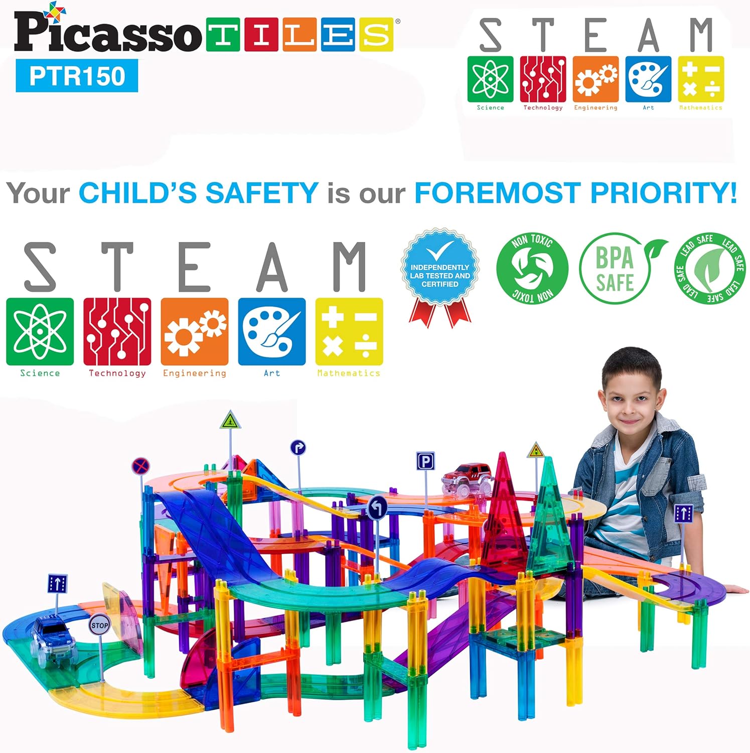 imagePicassoTiles 150 Piece Race Car Track Building Block Educational Toy Set Magnet Tile Magnetic Blocks Playset 4 Cars Early STEM Learning Construction Kit HandEye Fine Motor Skill Brain Training PTR150150 Piece Race Car