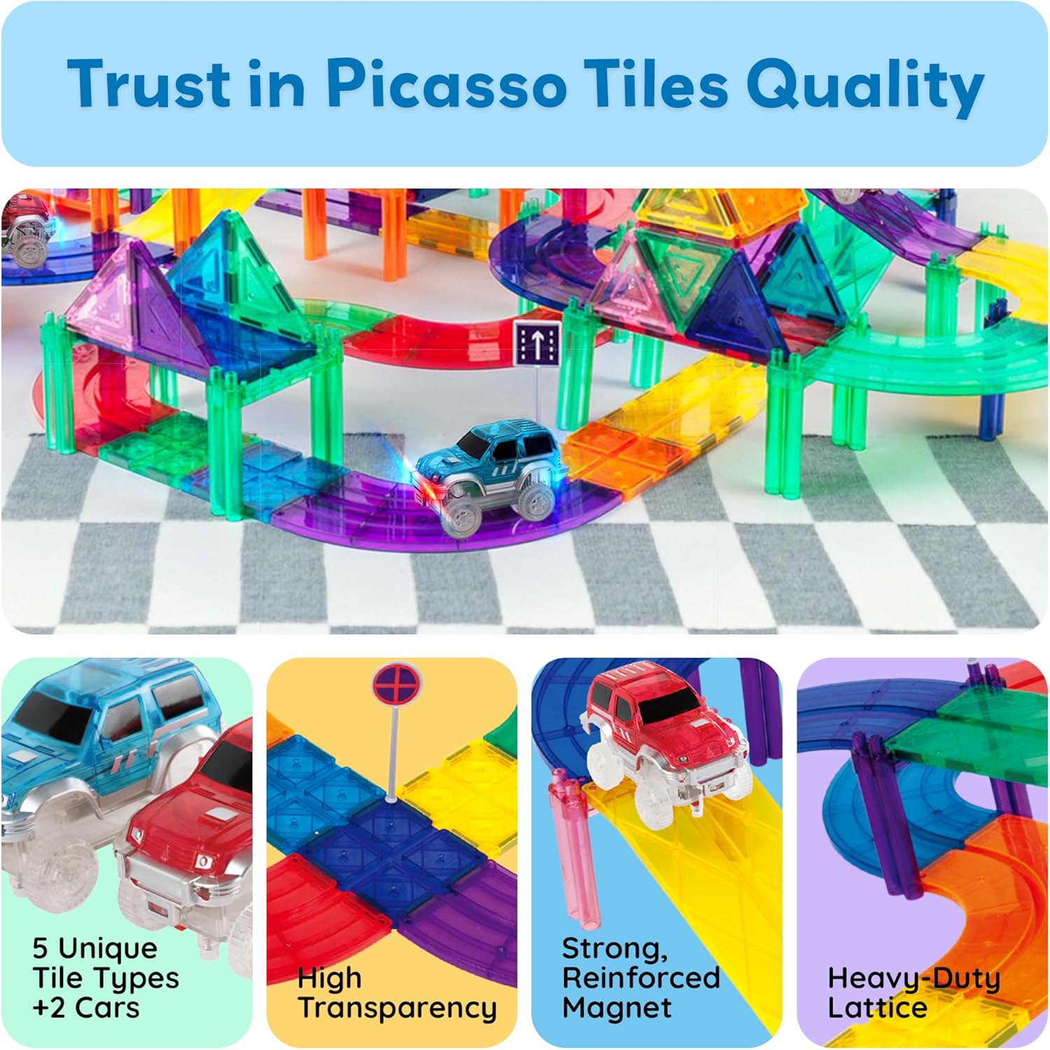 imagePicassoTiles 150 Piece Race Car Track Building Block Educational Toy Set Magnet Tile Magnetic Blocks Playset 4 Cars Early STEM Learning Construction Kit HandEye Fine Motor Skill Brain Training PTR15050 Piece Race Car