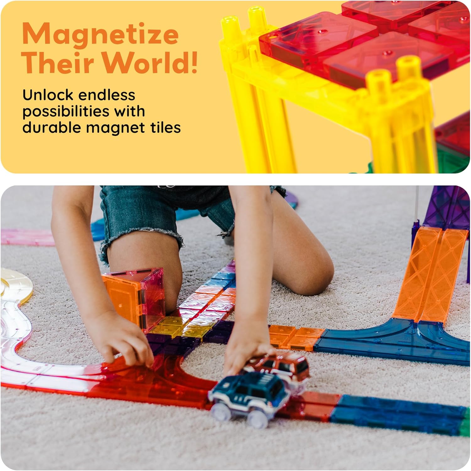 imagePicassoTiles 150 Piece Race Car Track Building Block Educational Toy Set Magnet Tile Magnetic Blocks Playset 4 Cars Early STEM Learning Construction Kit HandEye Fine Motor Skill Brain Training PTR15050 Piece Race Car