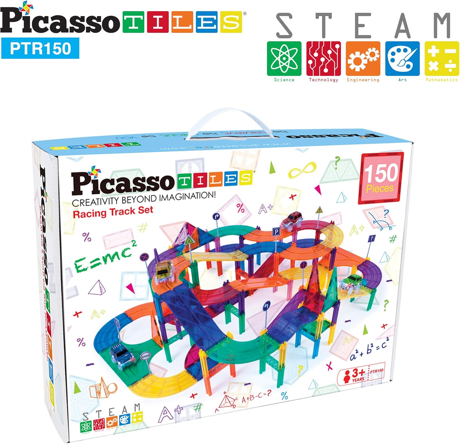 imagePicassoTiles 150 Piece Race Car Track Building Block Educational Toy Set Magnet Tile Magnetic Blocks Playset 4 Cars Early STEM Learning Construction Kit HandEye Fine Motor Skill Brain Training PTR150150 Piece Race Car
