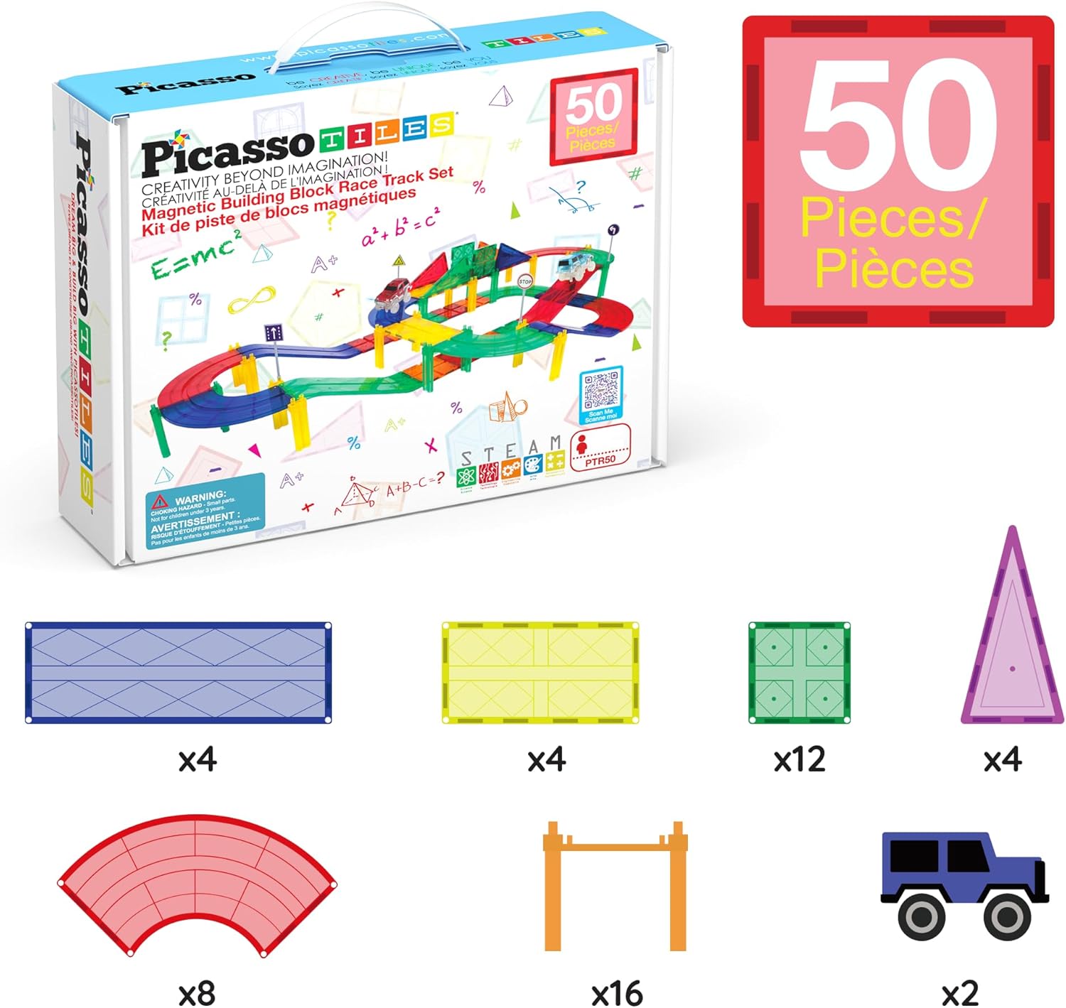 imagePicassoTiles 150 Piece Race Car Track Building Block Educational Toy Set Magnet Tile Magnetic Blocks Playset 4 Cars Early STEM Learning Construction Kit HandEye Fine Motor Skill Brain Training PTR15050 Piece Race Car