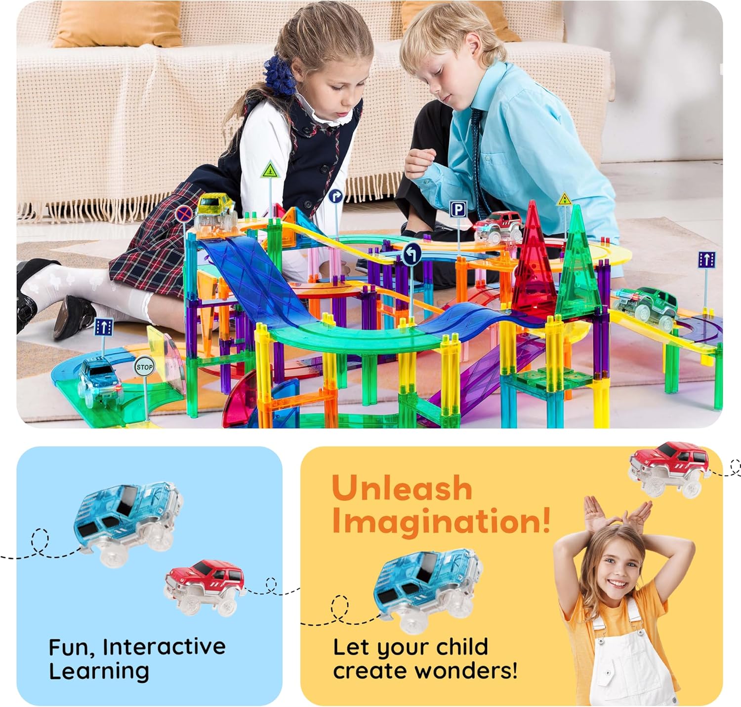 imagePicassoTiles 150 Piece Race Car Track Building Block Educational Toy Set Magnet Tile Magnetic Blocks Playset 4 Cars Early STEM Learning Construction Kit HandEye Fine Motor Skill Brain Training PTR15050 Piece Race Car