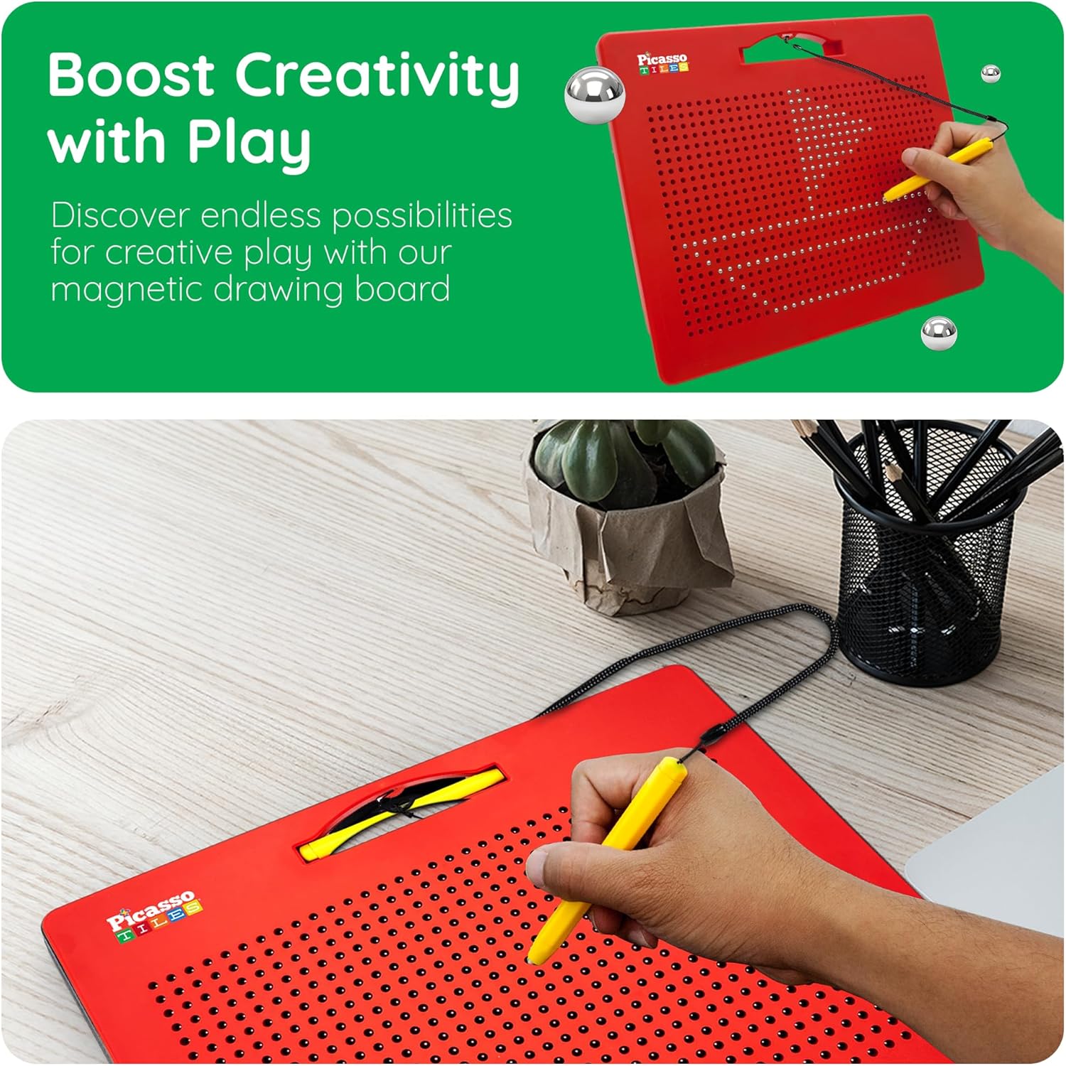 imagePicassoTiles 2in1 Magnetic Drawing Board Toy 12x10 inch Large Magnet Bead Tablet Pad with 2 Facings Alphabets STEM Educational Erasable ampamp Reusable Learning Writing Playboard in Black PTB03Free Red