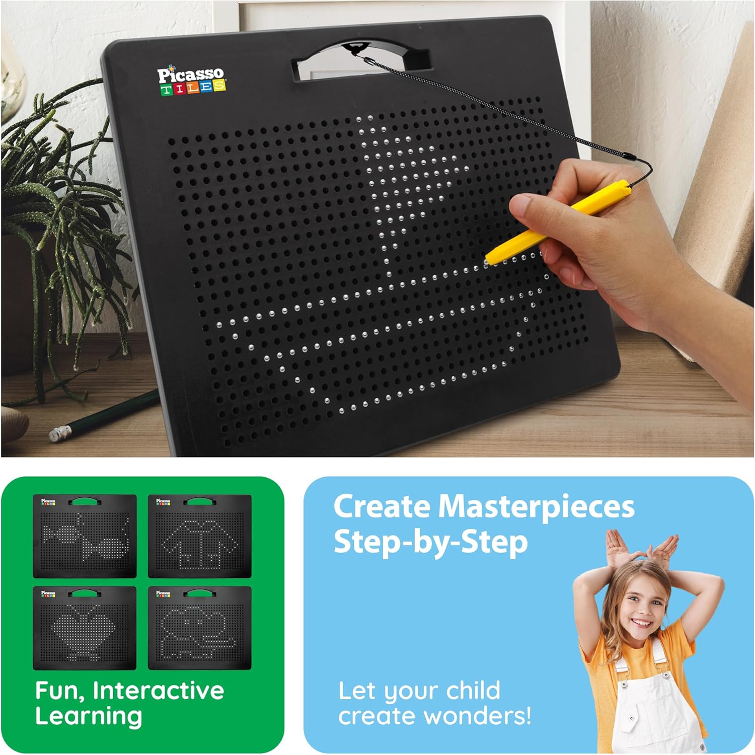 imagePicassoTiles 2in1 Magnetic Drawing Board Toy 12x10 inch Large Magnet Bead Tablet Pad with 2 Facings Alphabets STEM Educational Erasable ampamp Reusable Learning Writing Playboard in Black PTB03Free Black