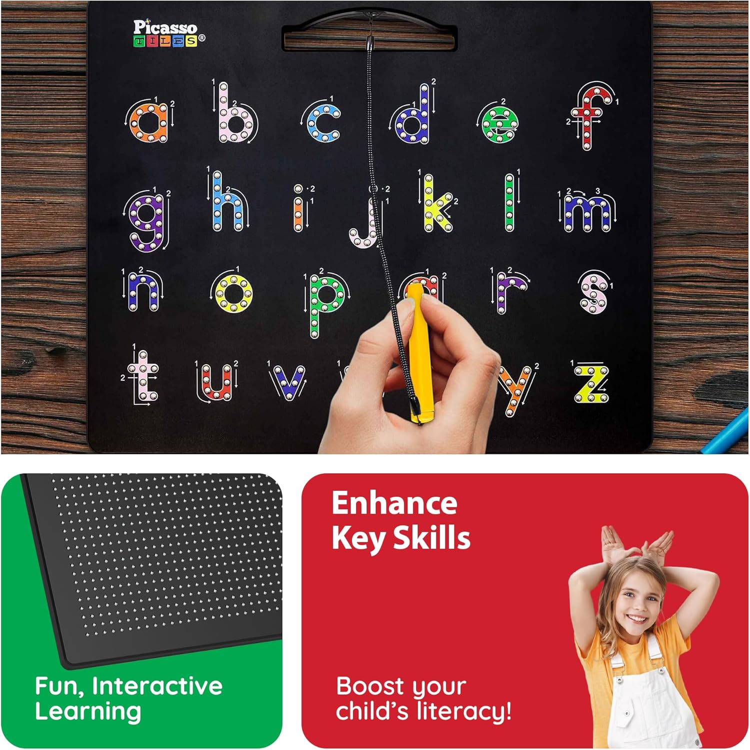 imagePicassoTiles 2in1 Magnetic Drawing Board Toy 12x10 inch Large Magnet Bead Tablet Pad with 2 Facings Alphabets STEM Educational Erasable ampamp Reusable Learning Writing Playboard in Black PTB03DualAlphabet