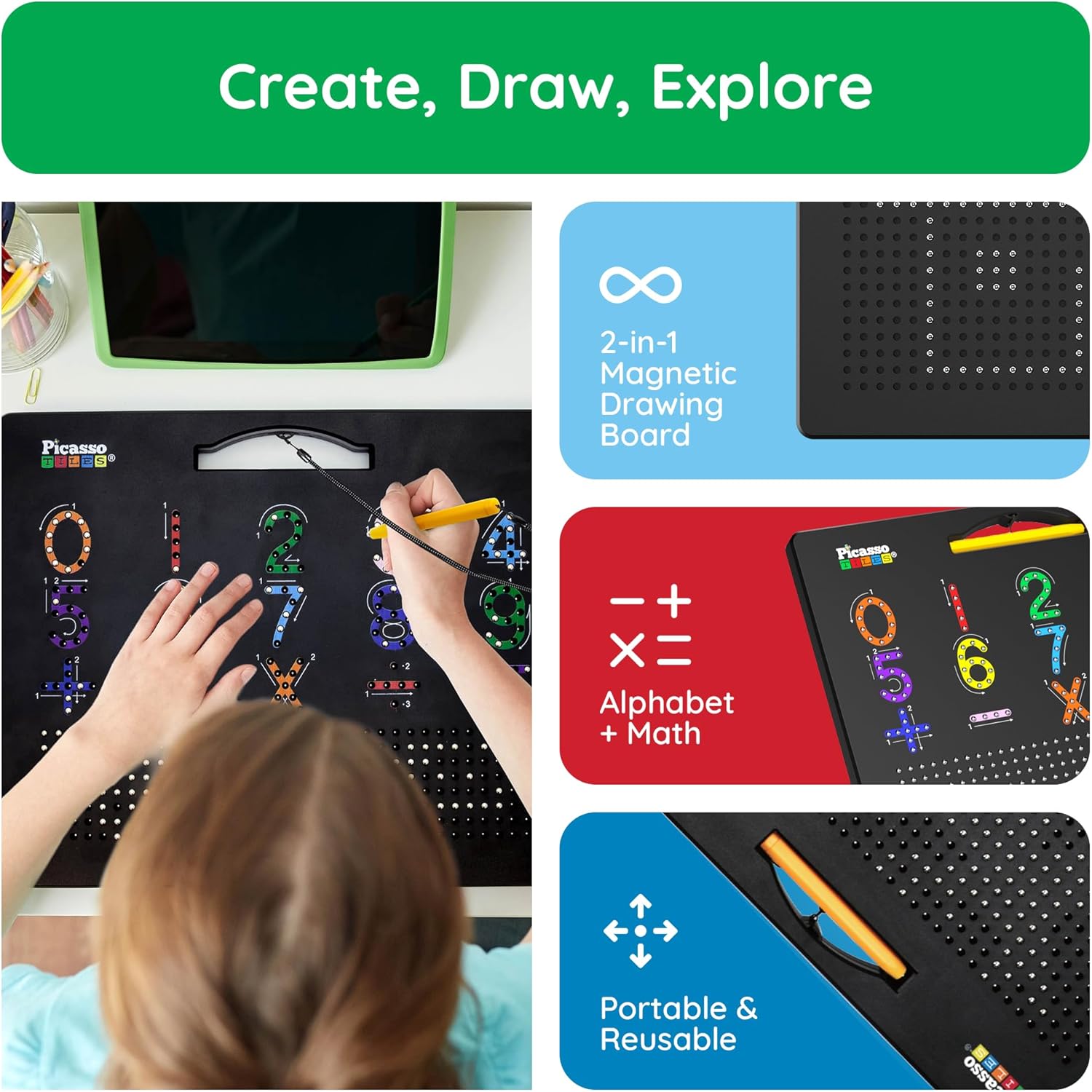 imagePicassoTiles 2in1 Magnetic Drawing Board Toy 12x10 inch Large Magnet Bead Tablet Pad with 2 Facings Alphabets STEM Educational Erasable ampamp Reusable Learning Writing Playboard in Black PTB03AlphabetMath
