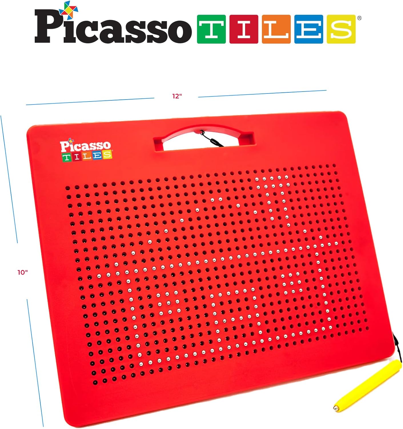 imagePicassoTiles 2in1 Magnetic Drawing Board Toy 12x10 inch Large Magnet Bead Tablet Pad with 2 Facings Alphabets STEM Educational Erasable ampamp Reusable Learning Writing Playboard in Black PTB03Free Red
