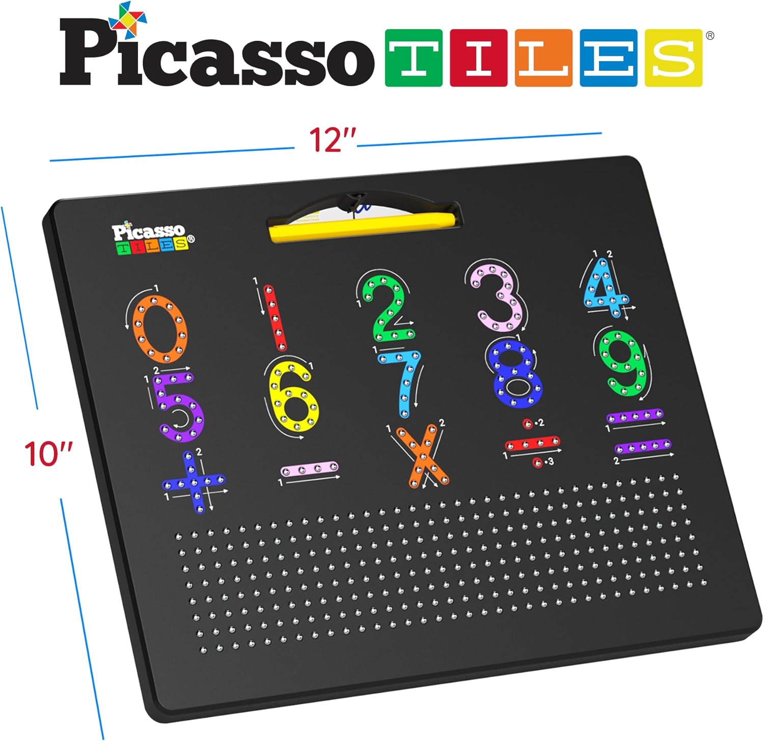 imagePicassoTiles 2in1 Magnetic Drawing Board Toy 12x10 inch Large Magnet Bead Tablet Pad with 2 Facings Alphabets STEM Educational Erasable ampamp Reusable Learning Writing Playboard in Black PTB03AlphabetMath