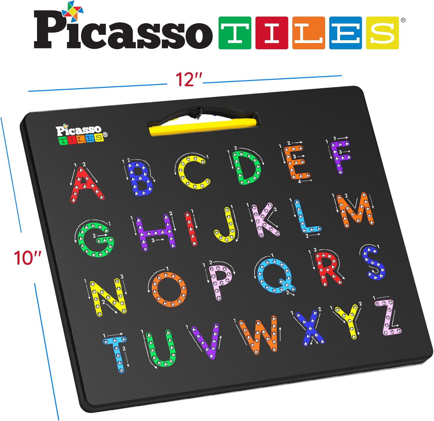 imagePicassoTiles 2in1 Magnetic Drawing Board Toy 12x10 inch Large Magnet Bead Tablet Pad with 2 Facings Alphabets STEM Educational Erasable ampamp Reusable Learning Writing Playboard in Black PTB03DualAlphabet