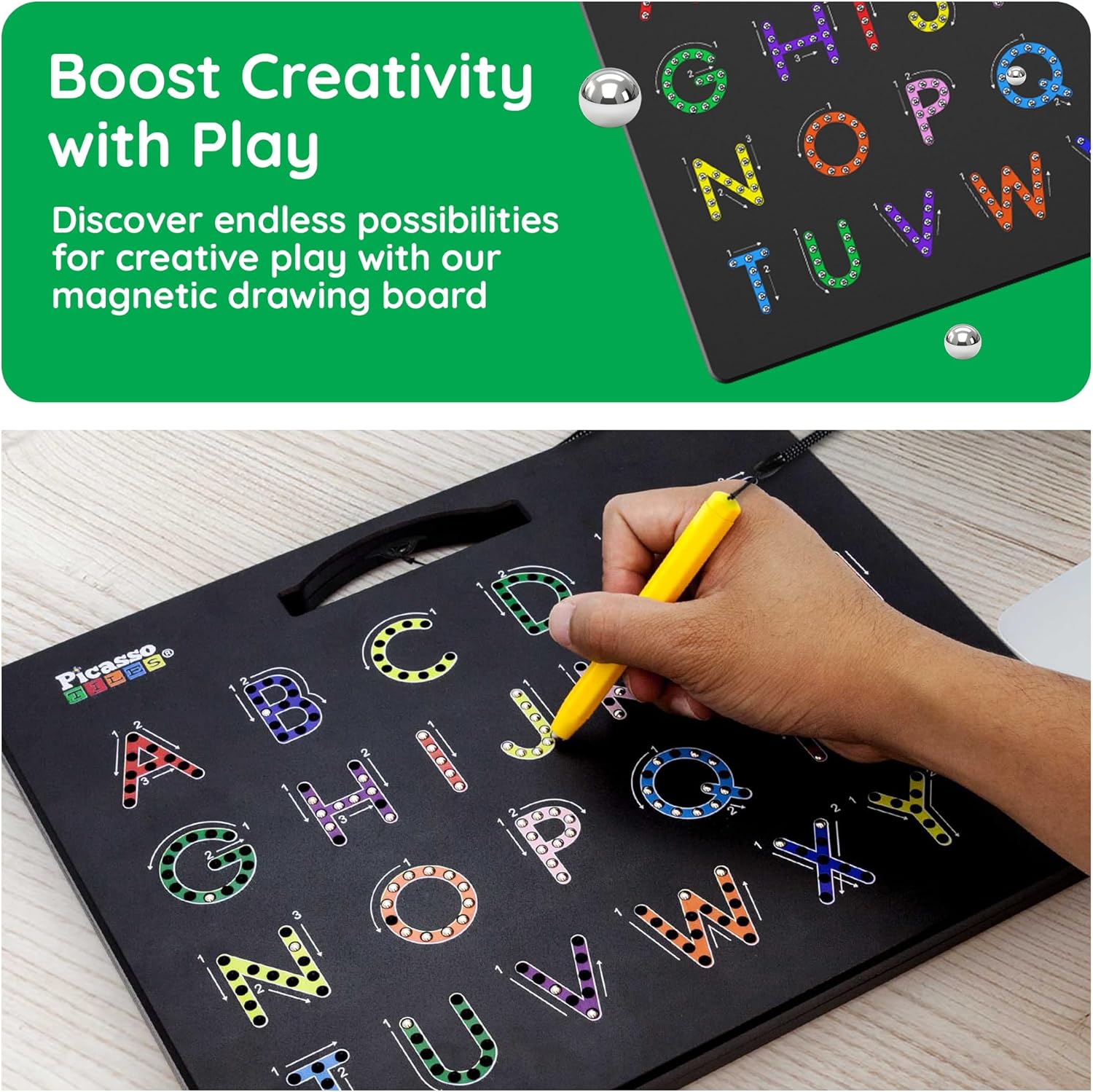 imagePicassoTiles 2in1 Magnetic Drawing Board Toy 12x10 inch Large Magnet Bead Tablet Pad with 2 Facings Alphabets STEM Educational Erasable ampamp Reusable Learning Writing Playboard in Black PTB03AlphabetMath