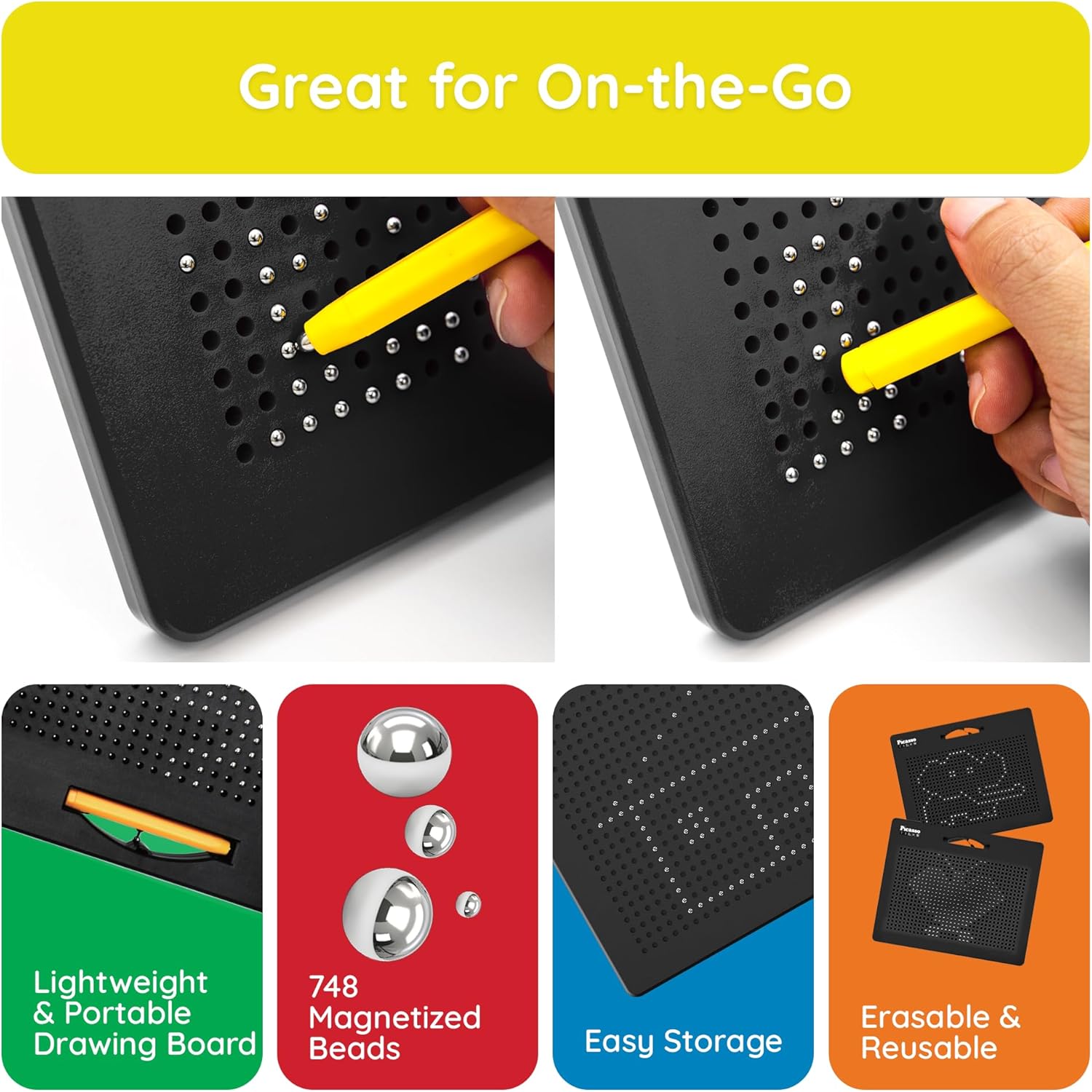 imagePicassoTiles 2in1 Magnetic Drawing Board Toy 12x10 inch Large Magnet Bead Tablet Pad with 2 Facings Alphabets STEM Educational Erasable ampamp Reusable Learning Writing Playboard in Black PTB03Free Black