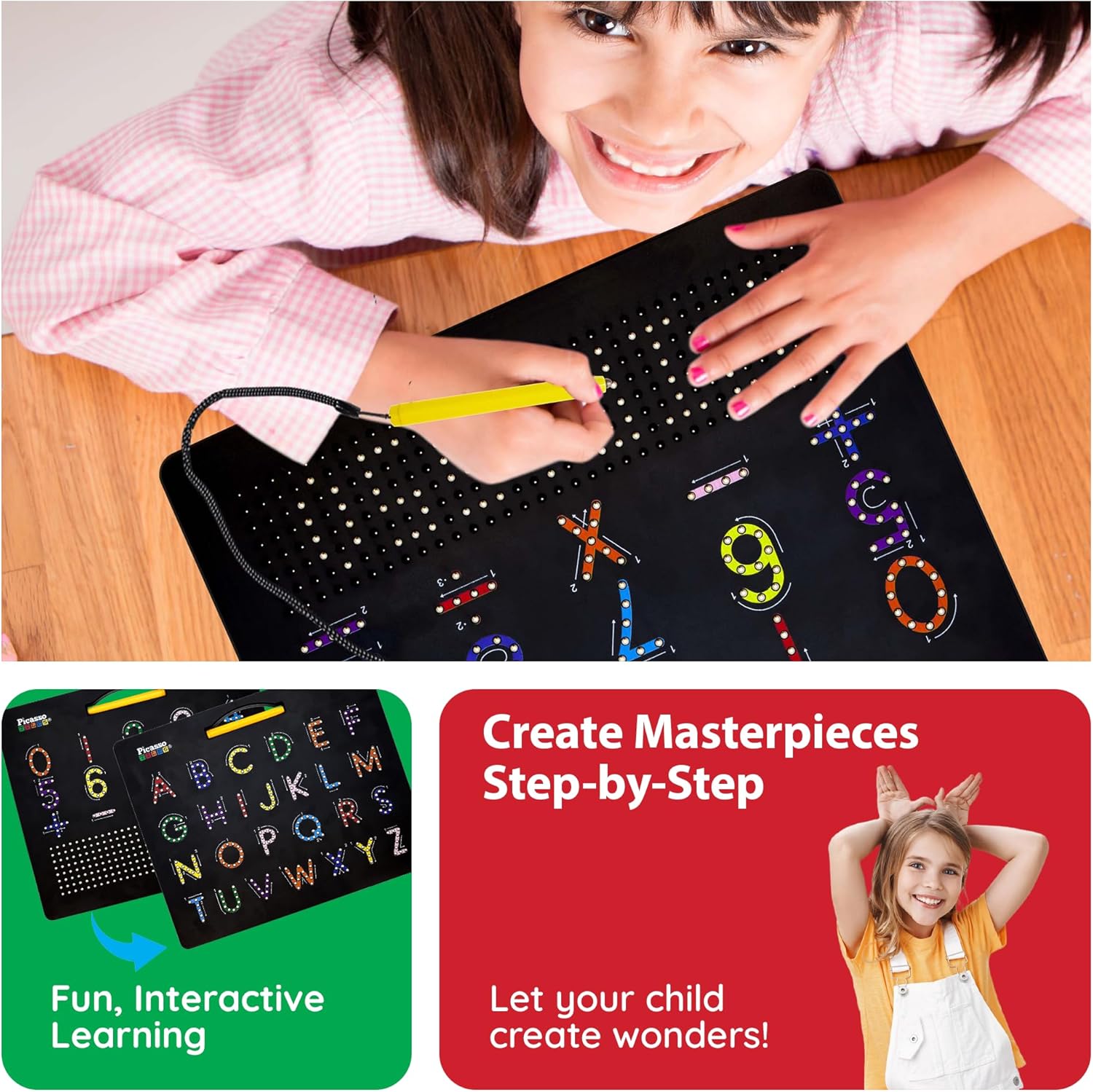 imagePicassoTiles 2in1 Magnetic Drawing Board Toy 12x10 inch Large Magnet Bead Tablet Pad with 2 Facings Alphabets STEM Educational Erasable ampamp Reusable Learning Writing Playboard in Black PTB03AlphabetMath