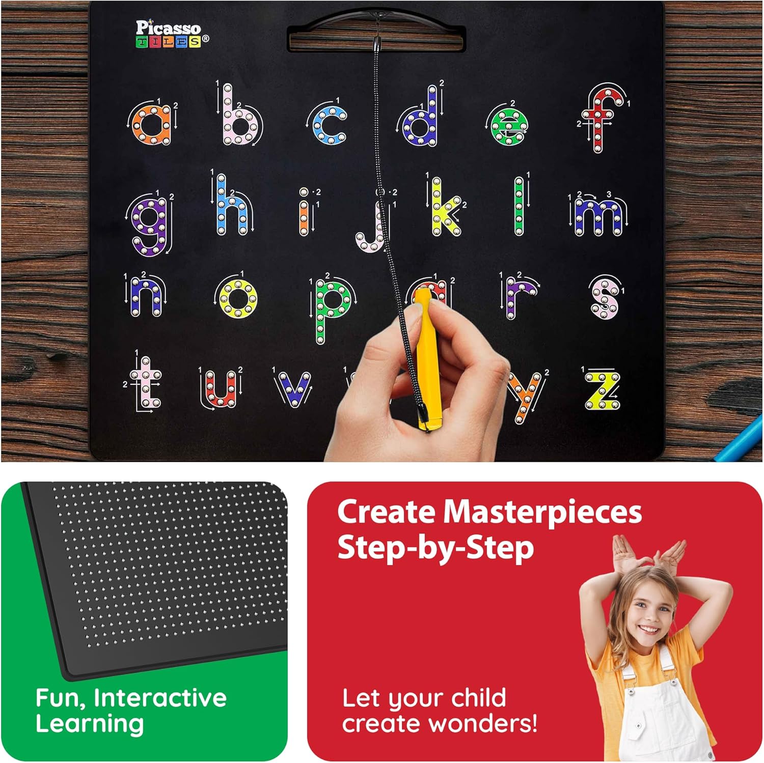 imagePicassoTiles 2in1 Magnetic Drawing Board Toy 12x10 inch Large Magnet Bead Tablet Pad with 2 Facings Alphabets STEM Educational Erasable ampamp Reusable Learning Writing Playboard in Black PTB032pk 4in1