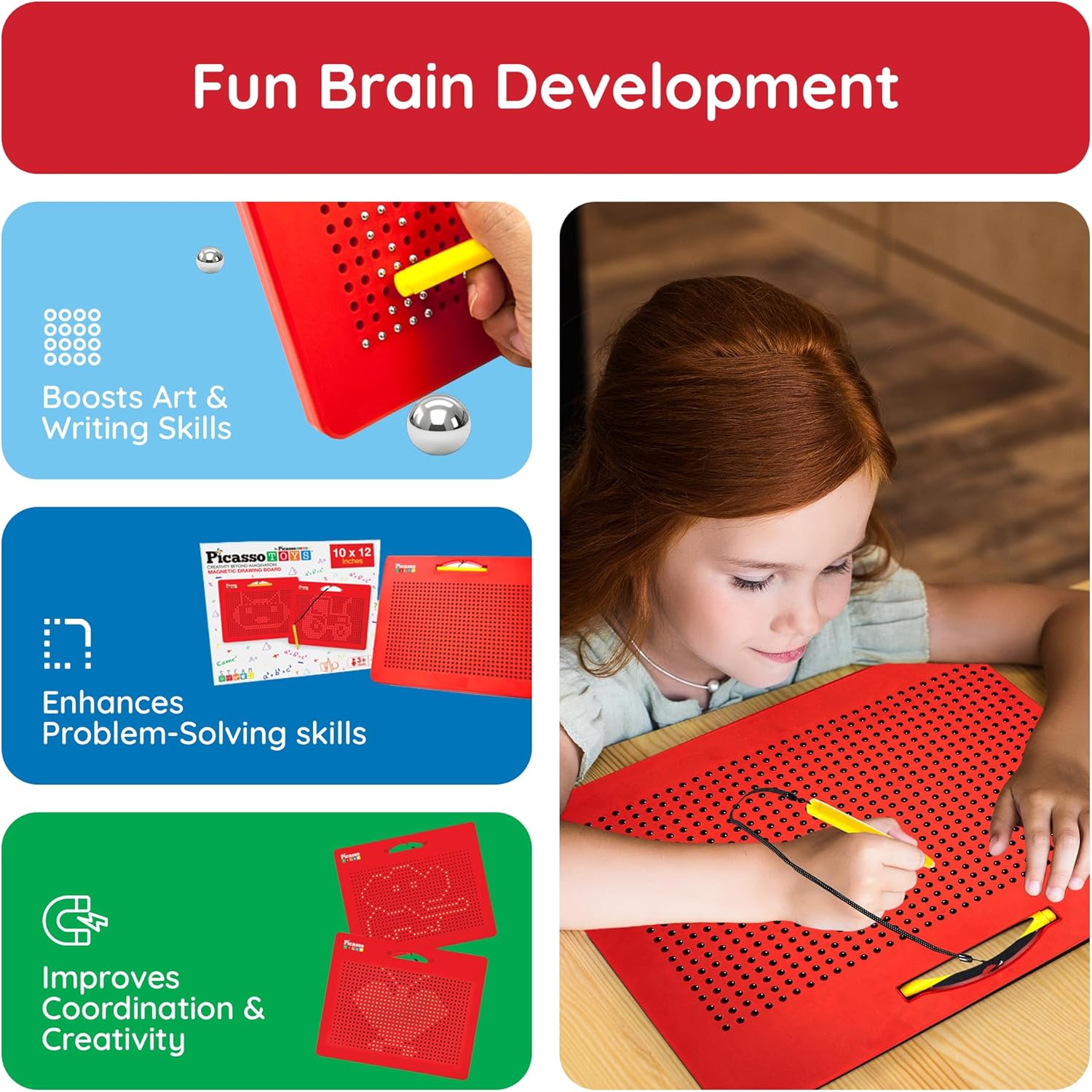 imagePicassoTiles 2in1 Magnetic Drawing Board Toy 12x10 inch Large Magnet Bead Tablet Pad with 2 Facings Alphabets STEM Educational Erasable ampamp Reusable Learning Writing Playboard in Black PTB03Free Red