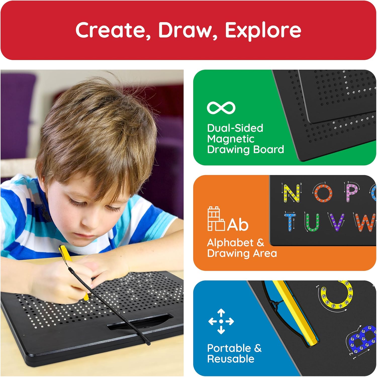imagePicassoTiles 2in1 Magnetic Drawing Board Toy 12x10 inch Large Magnet Bead Tablet Pad with 2 Facings Alphabets STEM Educational Erasable ampamp Reusable Learning Writing Playboard in Black PTB03AlphabetFree